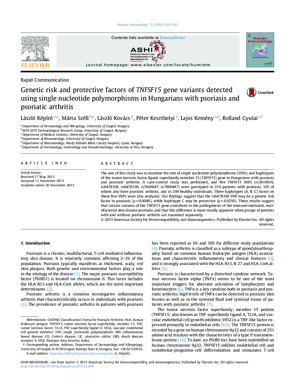 Genetic risk and protective factors of TNFSF15 gene variants detected using single nucleotide polymorphisms in Hungarians with psoriasis and psoriatic arthritis