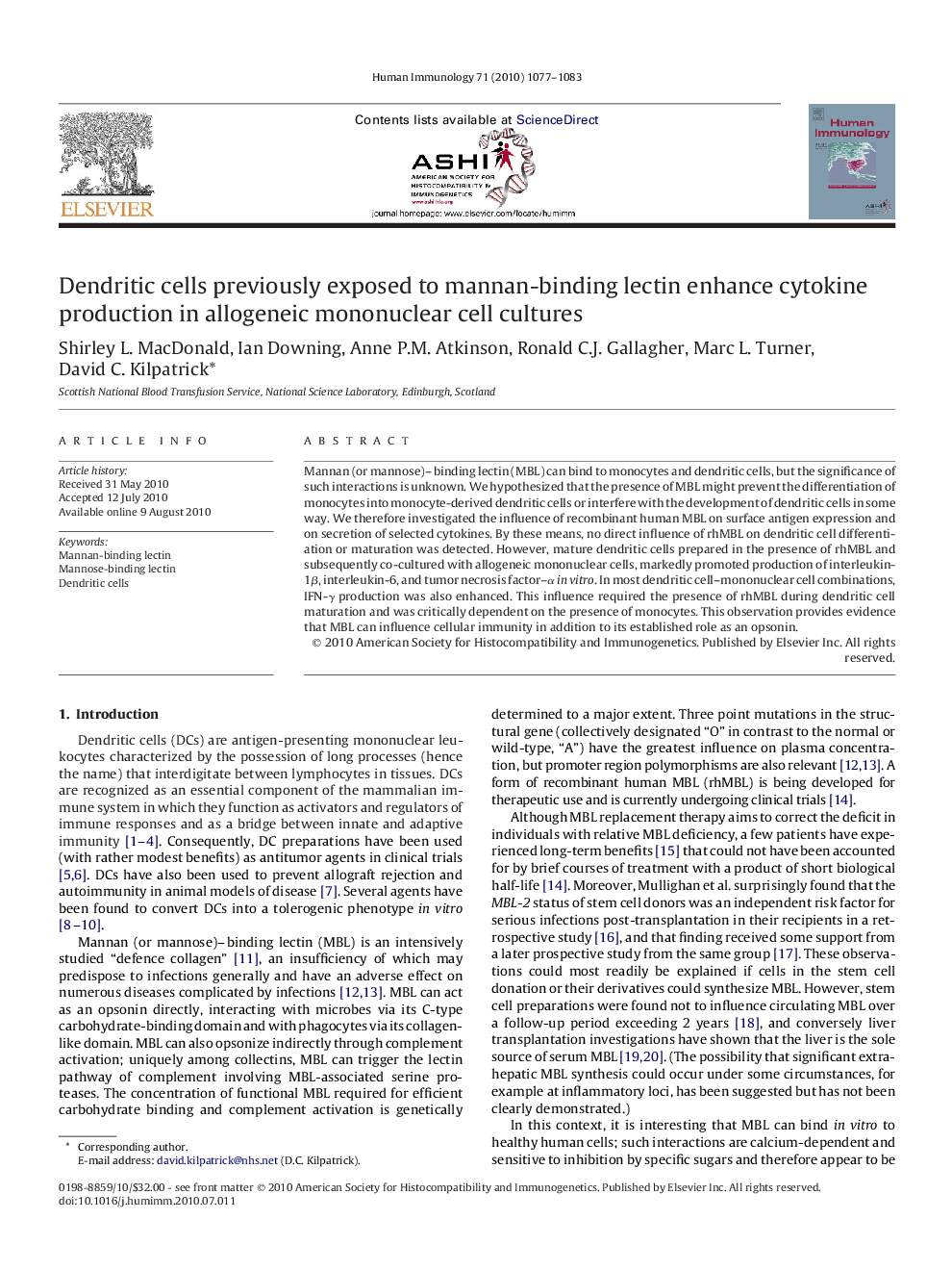 Dendritic cells previously exposed to mannan-binding lectin enhance cytokine production in allogeneic mononuclear cell cultures