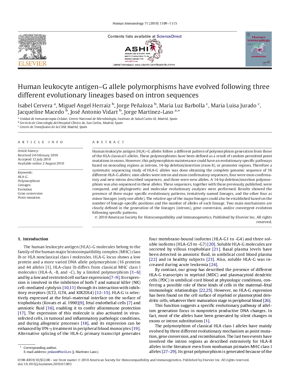 Human leukocyte antigen–G allele polymorphisms have evolved following three different evolutionary lineages based on intron sequences