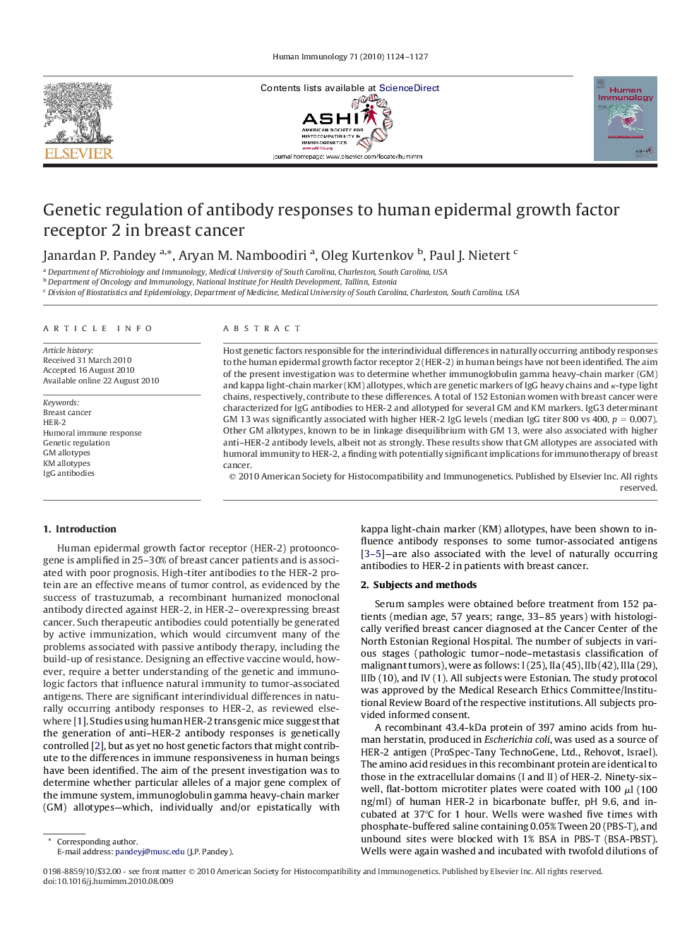 Genetic regulation of antibody responses to human epidermal growth factor receptor 2 in breast cancer