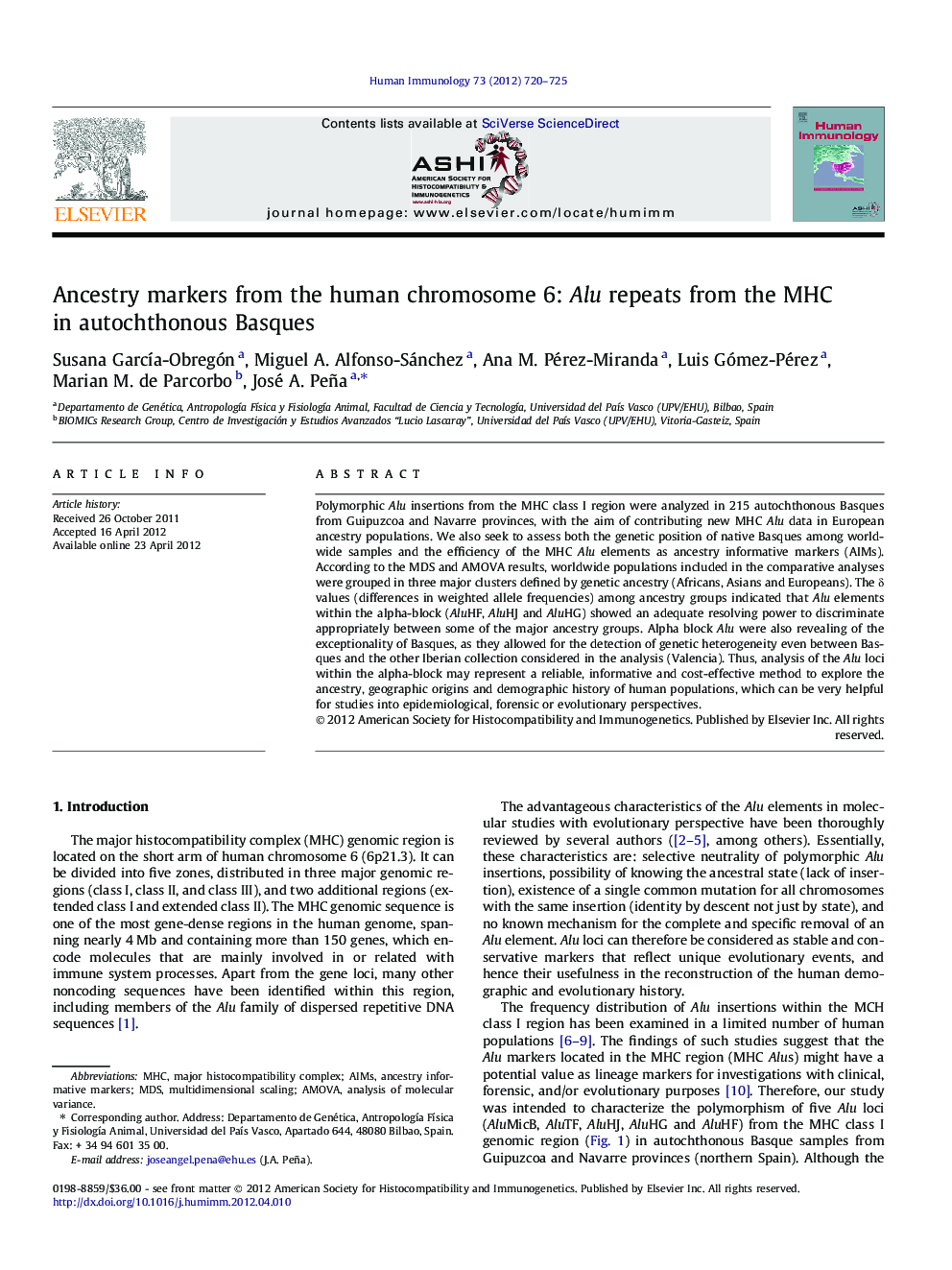 Ancestry markers from the human chromosome 6: Alu repeats from the MHC in autochthonous Basques