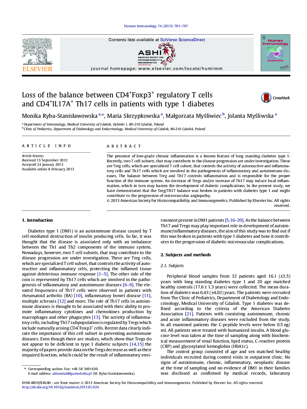 عکس صفحه اول مقاله: Loss of the balance between CD4+Foxp3+ regulatory T cells and CD4+IL17A+ Th17 cells in patients with type 1 diabetes Loss of the balance between CD4+Foxp3+ regulatory T cells and CD4+IL17A+ Th17 cells in patients with type 1 diabetes