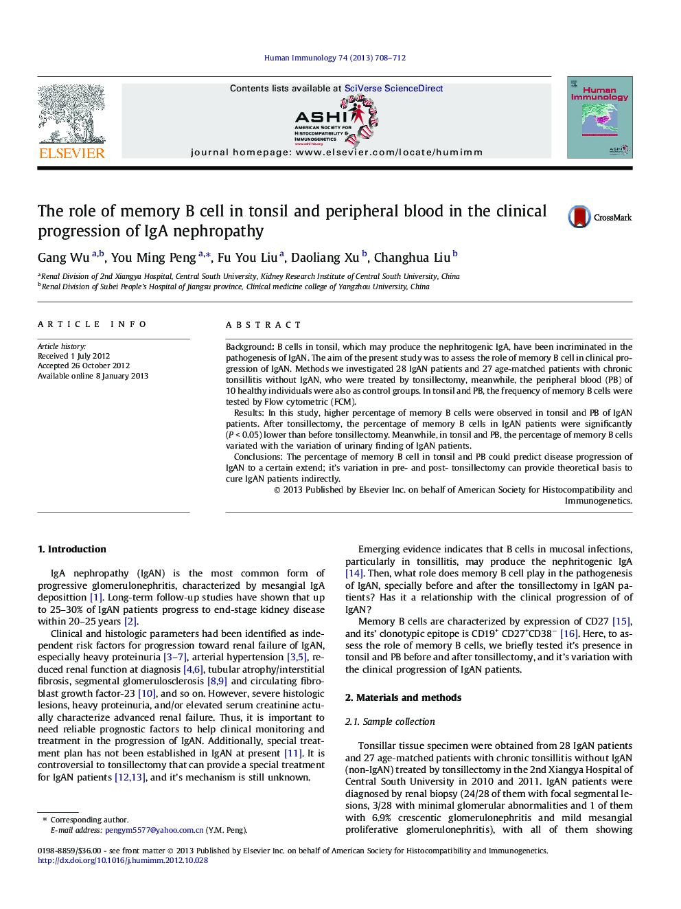 عکس صفحه اول مقاله: The role of memory B cell in tonsil and peripheral blood in the clinical progression of IgA nephropathy The role of memory B cell in tonsil and peripheral blood in the clinical progression of IgA nephropathy