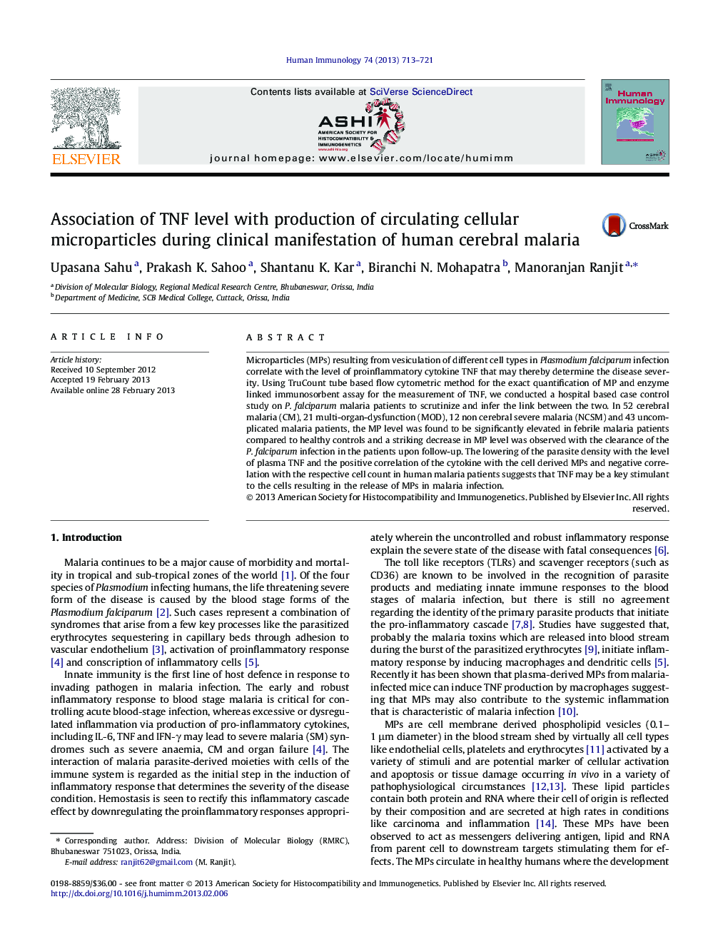 عکس صفحه اول مقاله: Association of TNF level with production of circulating cellular microparticles during clinical manifestation of human cerebral malaria Association of TNF level with production of circulating cellular microparticles during clinical manifestation of human cerebral malaria