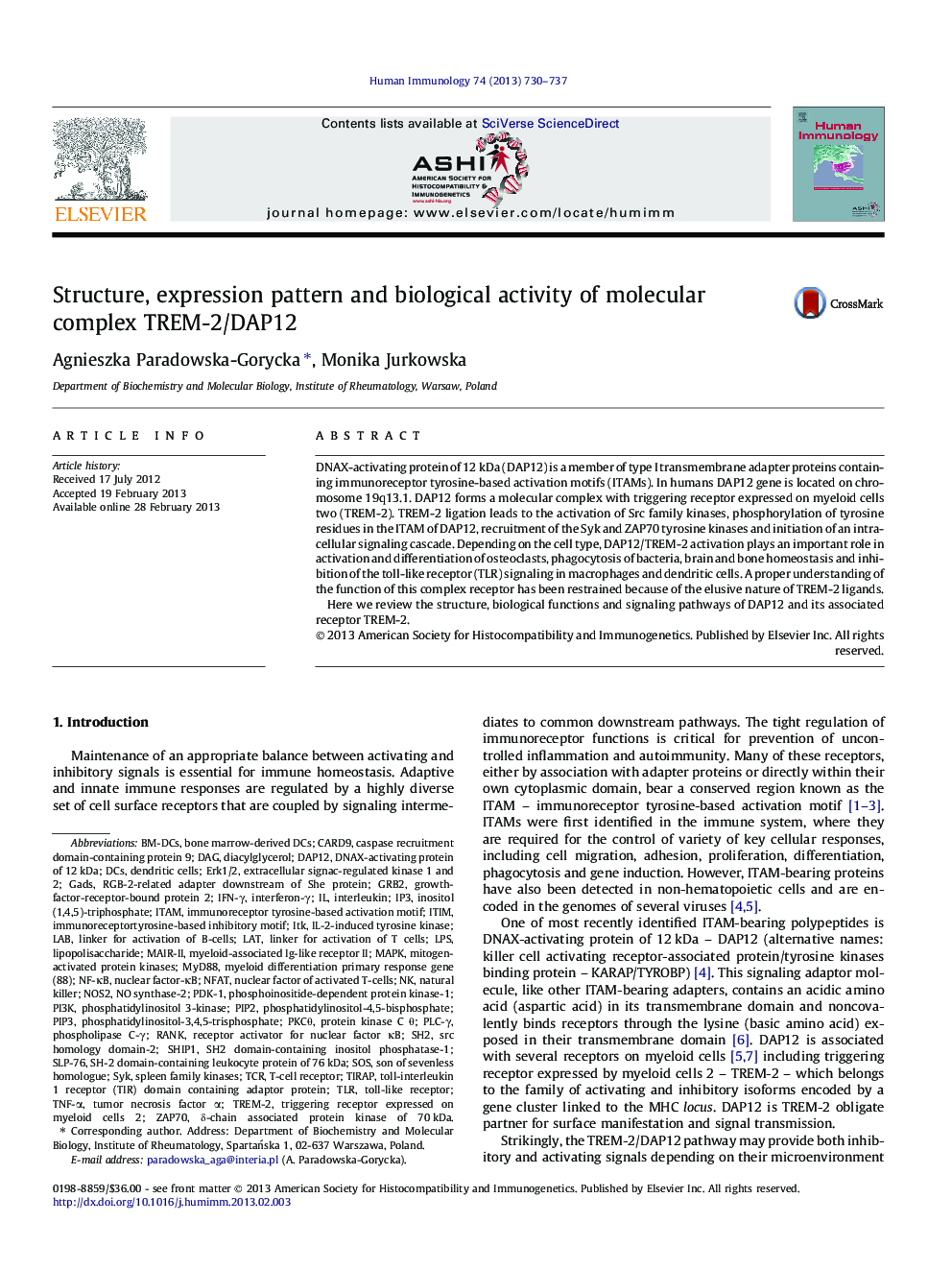 Structure, expression pattern and biological activity of molecular complex TREM-2/DAP12