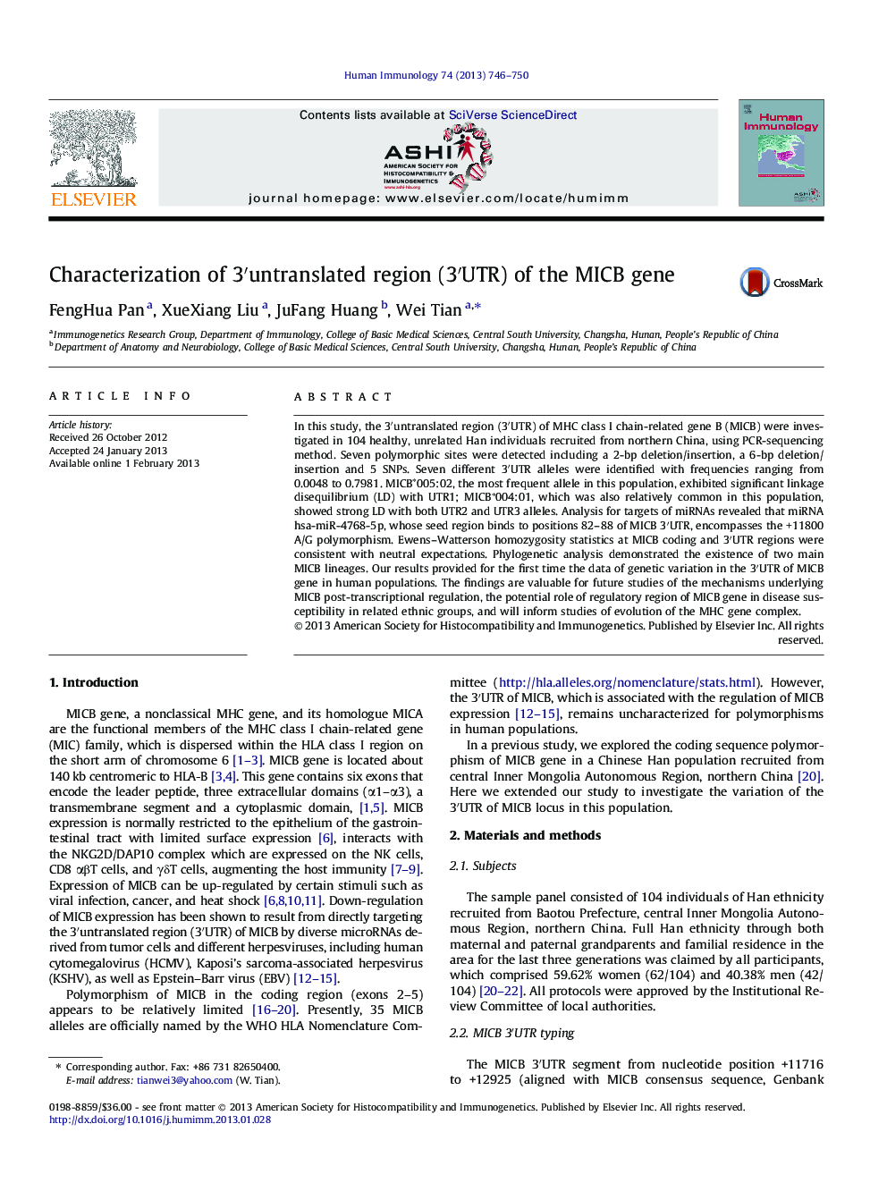 عکس صفحه اول مقاله: Characterization of 3′untranslated region (3′UTR) of the MICB gene Characterization of 3′untranslated region (3′UTR) of the MICB gene