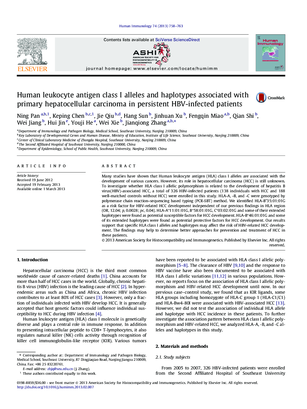 عکس صفحه اول مقاله: Human leukocyte antigen class I alleles and haplotypes associated with primary hepatocellular carcinoma in persistent HBV-infected patients Human leukocyte antigen class I alleles and haplotypes associated with primary hepatocellular carcinoma in persistent HBV-infected patients