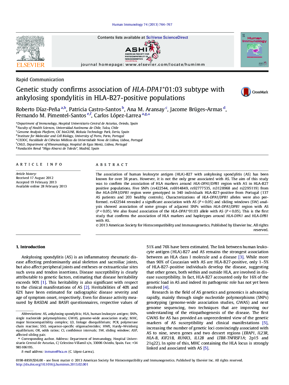 Genetic study confirms association of HLA-DPA1∗01:03 subtype with ankylosing spondylitis in HLA-B27-positive populations