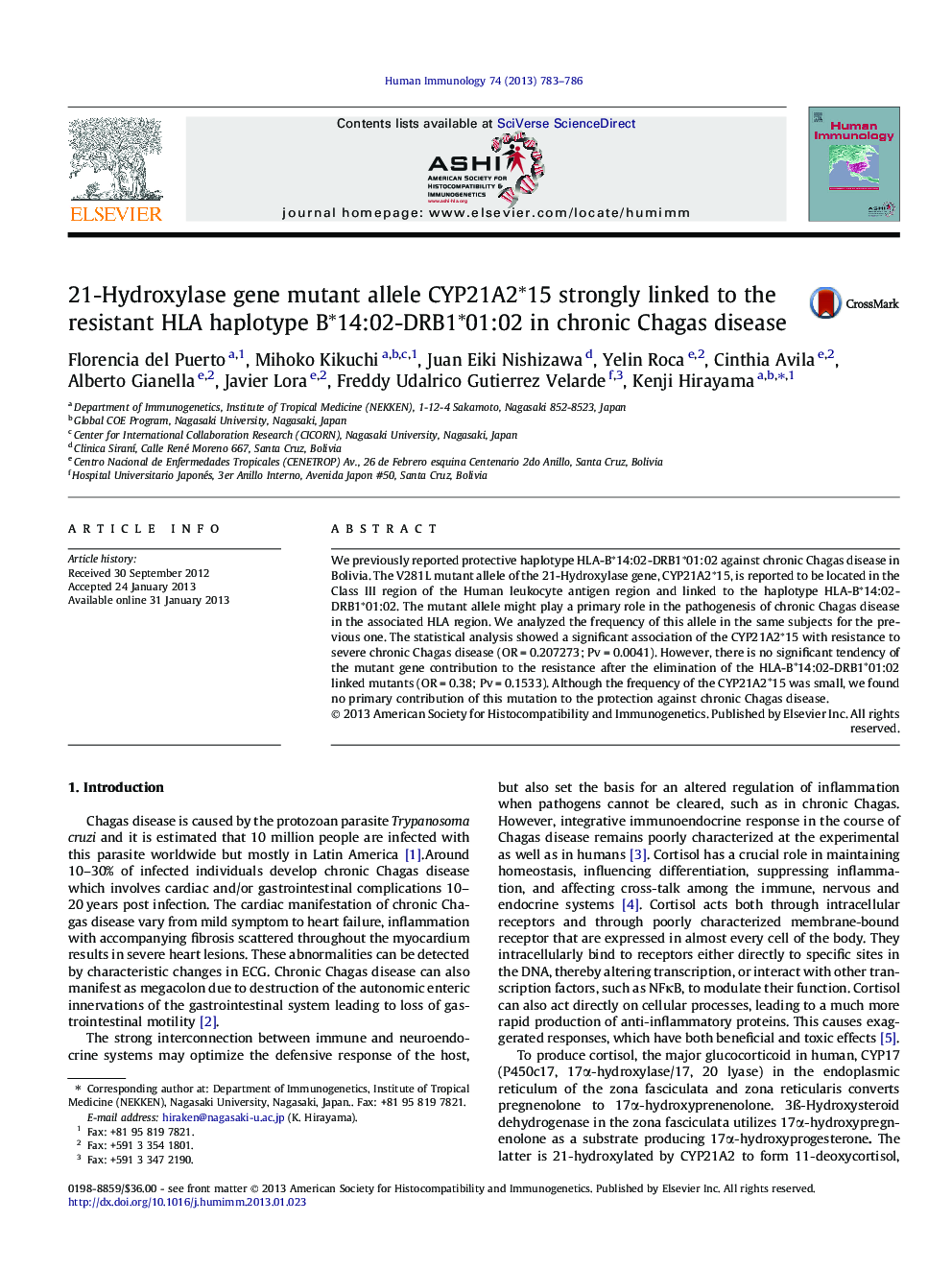 عکس صفحه اول مقاله: 21-Hydroxylase gene mutant allele CYP21A2∗15 strongly linked to the resistant HLA haplotype B∗14:02-DRB1∗01:02 in chronic Chagas disease 21-Hydroxylase gene mutant allele CYP21A2∗15 strongly linked to the resistant HLA haplotype B∗14:02-DRB1∗01:02 in chronic Chagas disease