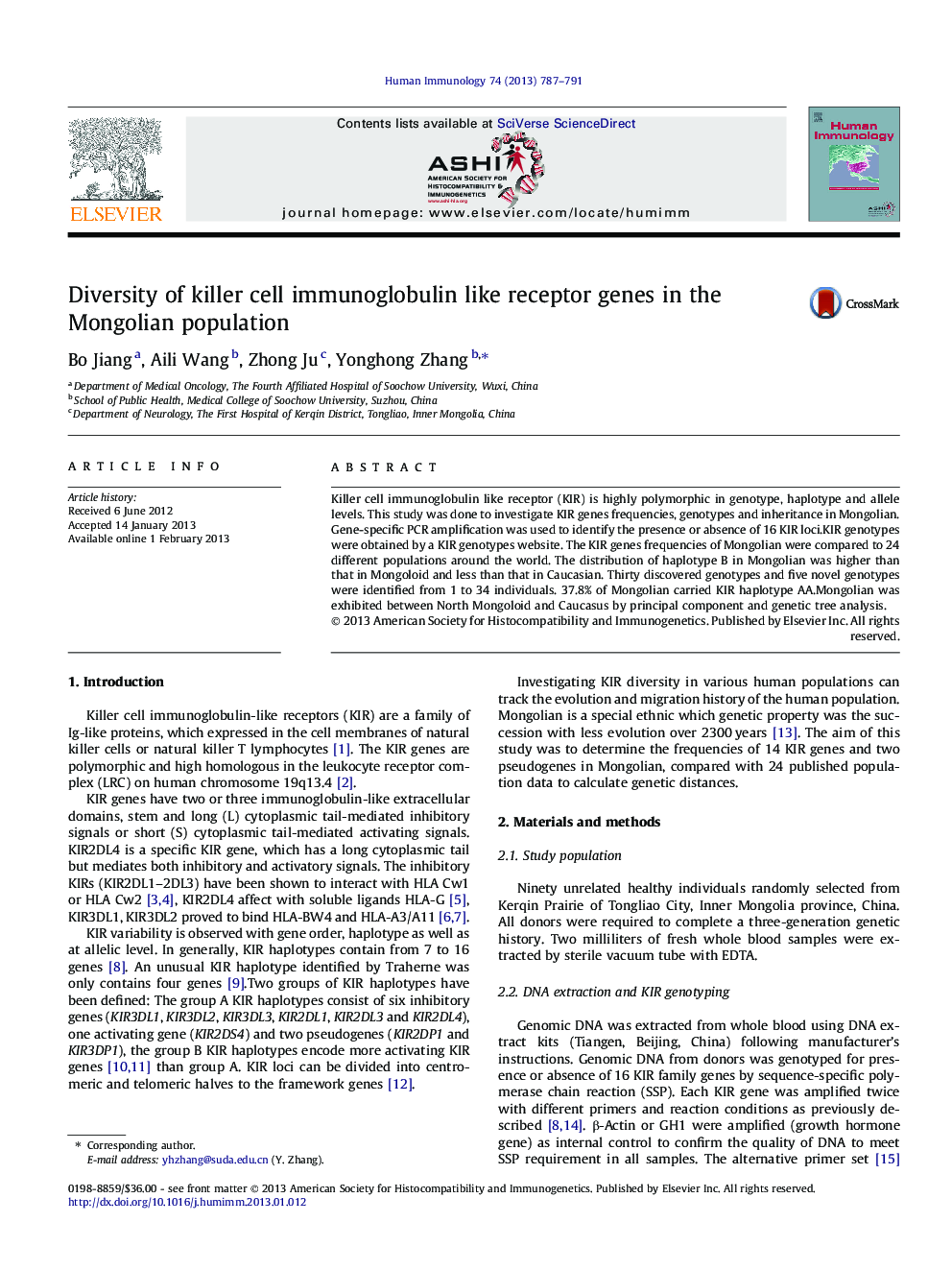 Diversity of killer cell immunoglobulin like receptor genes in the Mongolian population