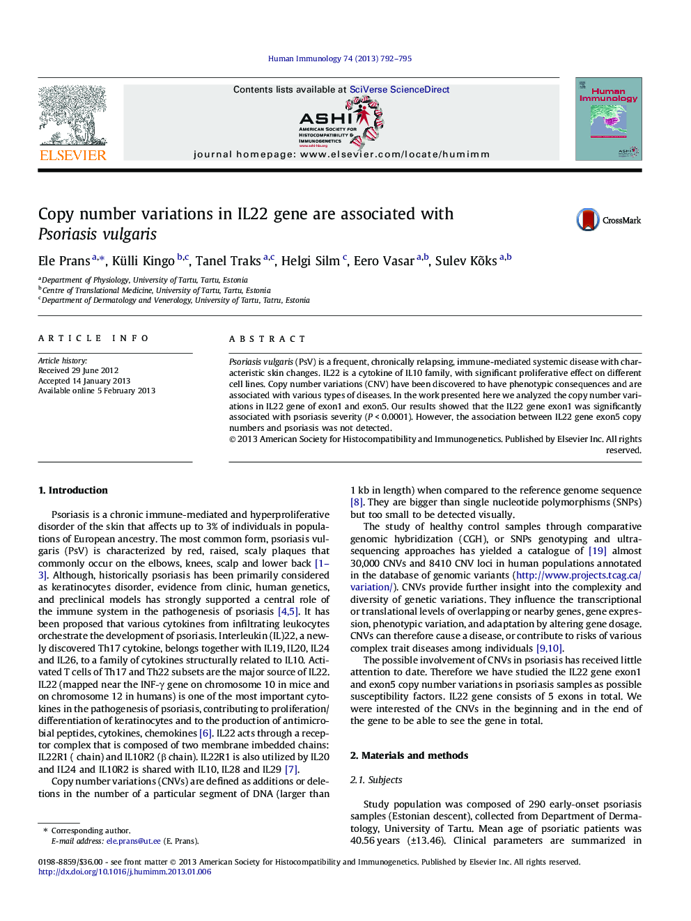 Copy number variations in IL22 gene are associated with Psoriasis vulgaris