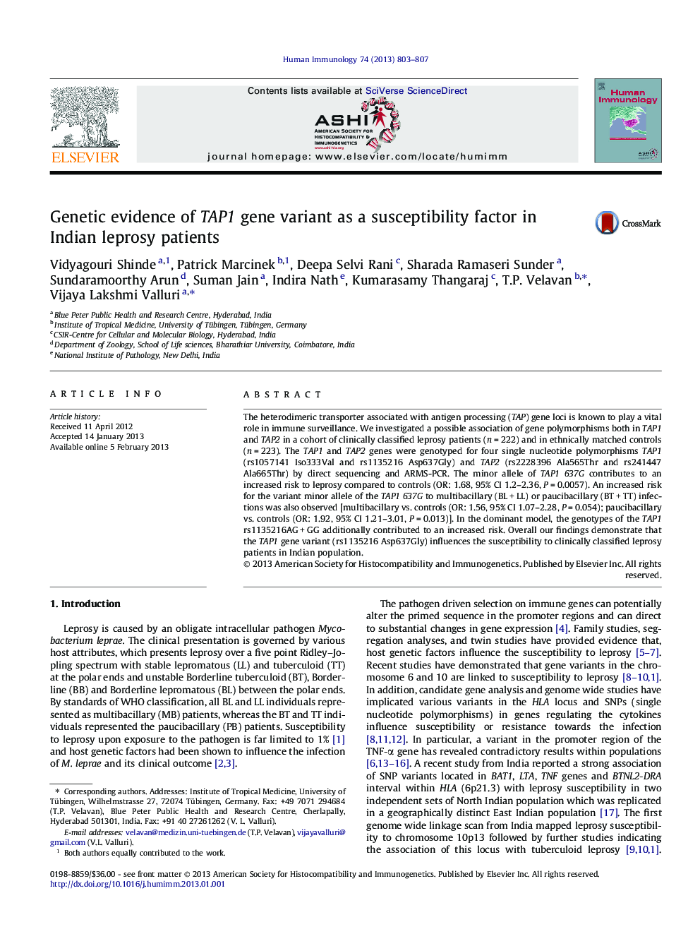 عکس صفحه اول مقاله: Genetic evidence of TAP1 gene variant as a susceptibility factor in Indian leprosy patients Genetic evidence of TAP1 gene variant as a susceptibility factor in Indian leprosy patients