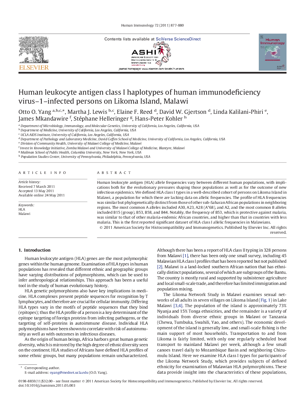 Human leukocyte antigen class I haplotypes of human immunodeficiency virus–1–infected persons on Likoma Island, Malawi