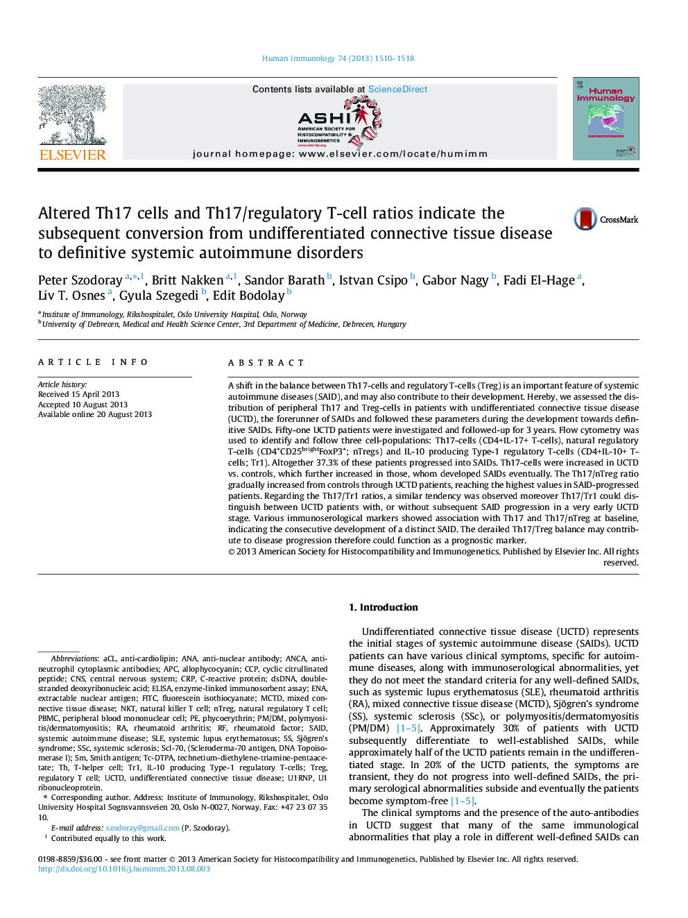 Altered Th17 cells and Th17/regulatory T-cell ratios indicate the subsequent conversion from undifferentiated connective tissue disease to definitive systemic autoimmune disorders