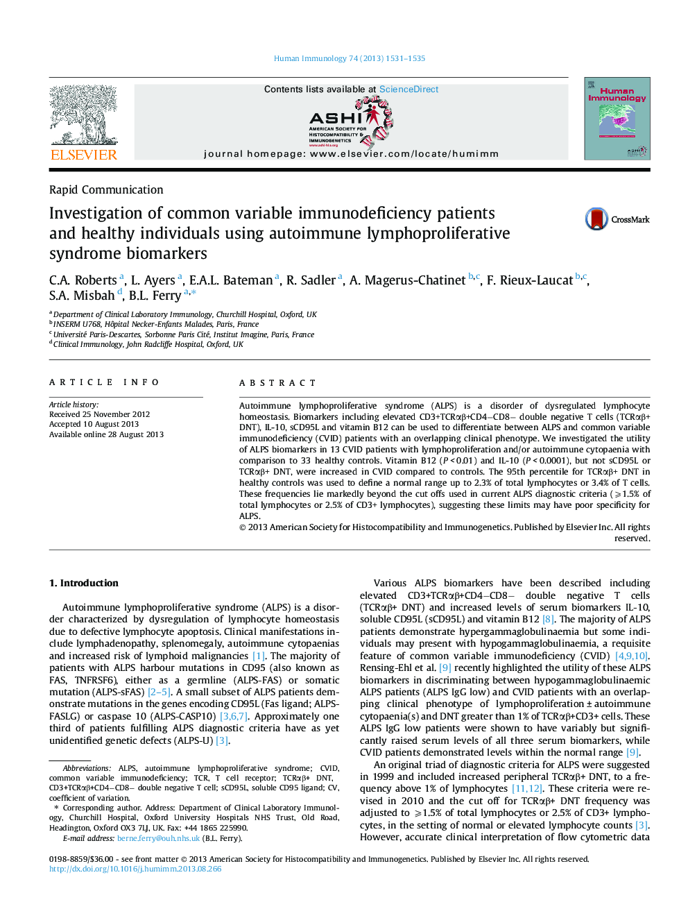 Investigation of common variable immunodeficiency patients and healthy individuals using autoimmune lymphoproliferative syndrome biomarkers