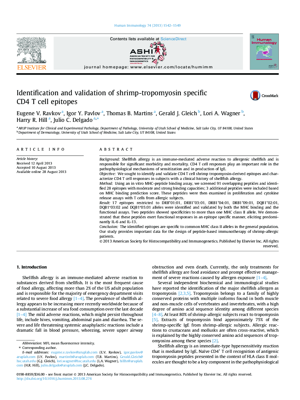 Identification and validation of shrimp-tropomyosin specific CD4 T cell epitopes