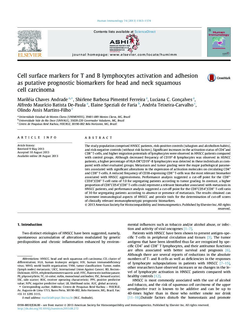 Cell surface markers for T and B lymphocytes activation and adhesion as putative prognostic biomarkers for head and neck squamous cell carcinoma