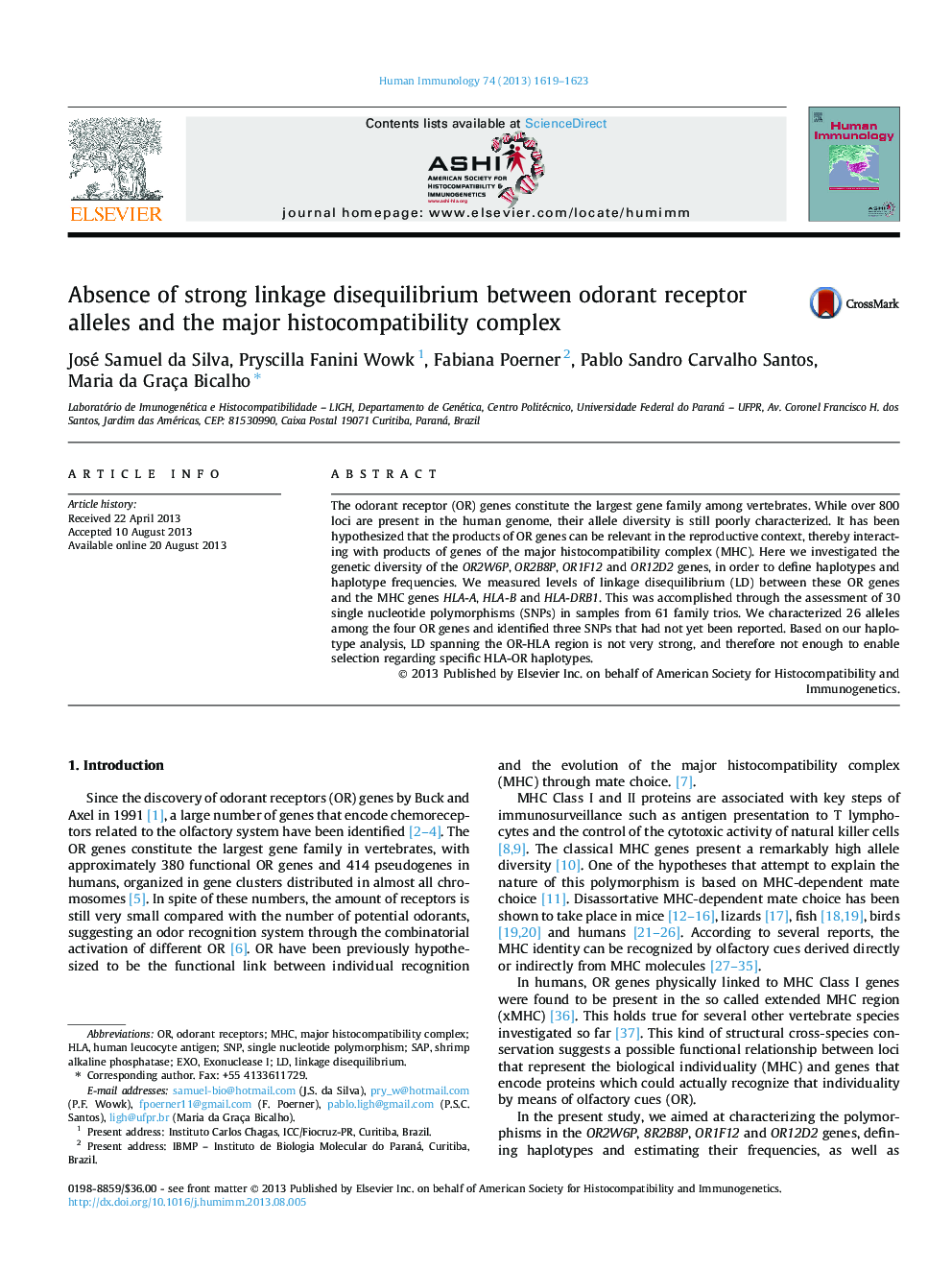 Absence of strong linkage disequilibrium between odorant receptor alleles and the major histocompatibility complex