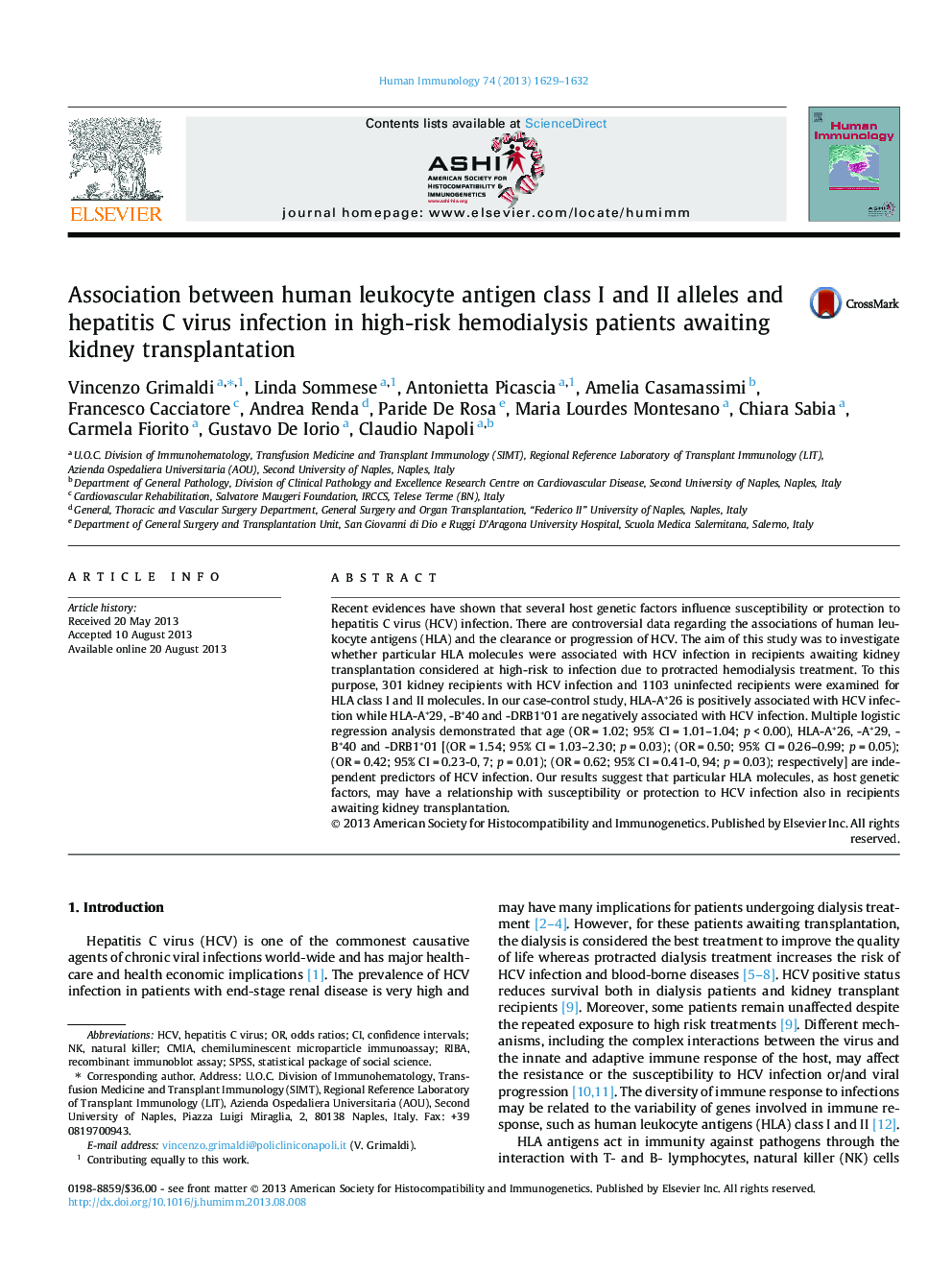 Association between human leukocyte antigen class I and II alleles and hepatitis C virus infection in high-risk hemodialysis patients awaiting kidney transplantation