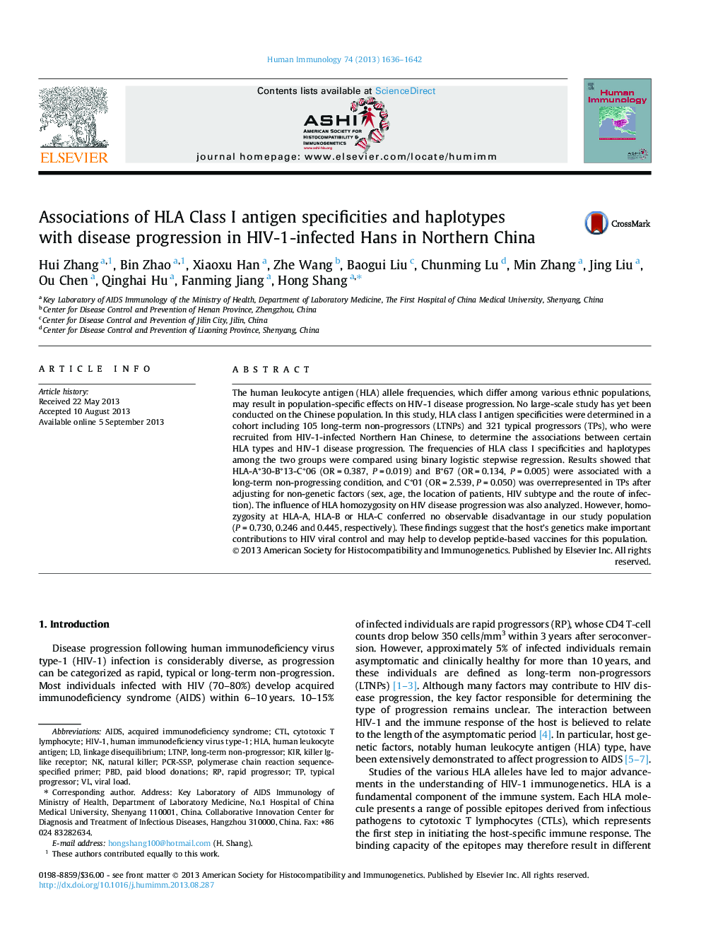 Associations of HLA Class I antigen specificities and haplotypes with disease progression in HIV-1-infected Hans in Northern China