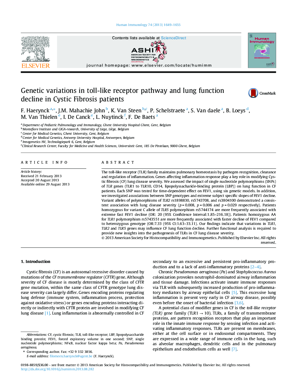 Genetic variations in toll-like receptor pathway and lung function decline in Cystic Fibrosis patients