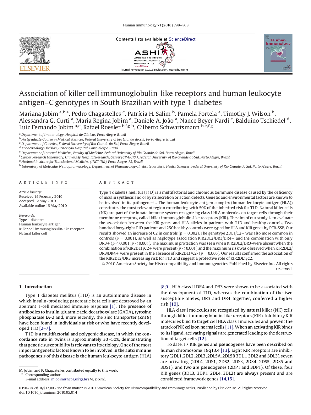 Association of killer cell immunoglobulin-like receptors and human leukocyte antigen–C genotypes in South Brazilian with type 1 diabetes 