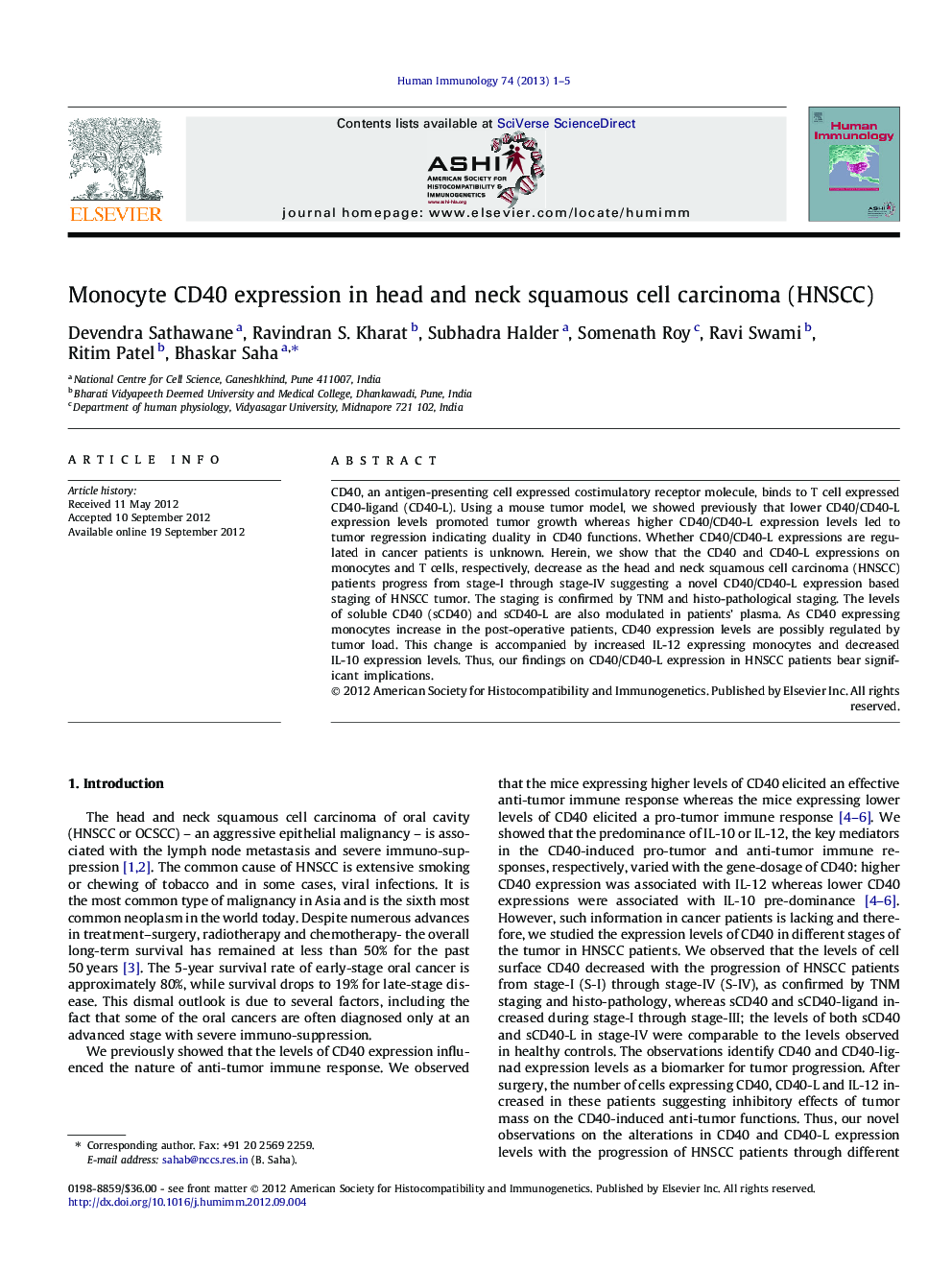Monocyte CD40 expression in head and neck squamous cell carcinoma (HNSCC)