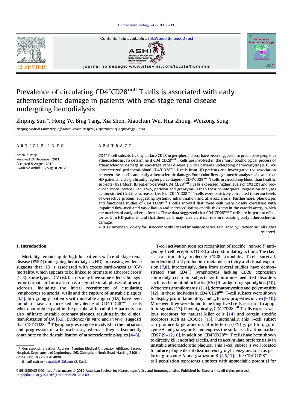 Prevalence of circulating CD4+CD28null T cells is associated with early atherosclerotic damage in patients with end-stage renal disease undergoing hemodialysis