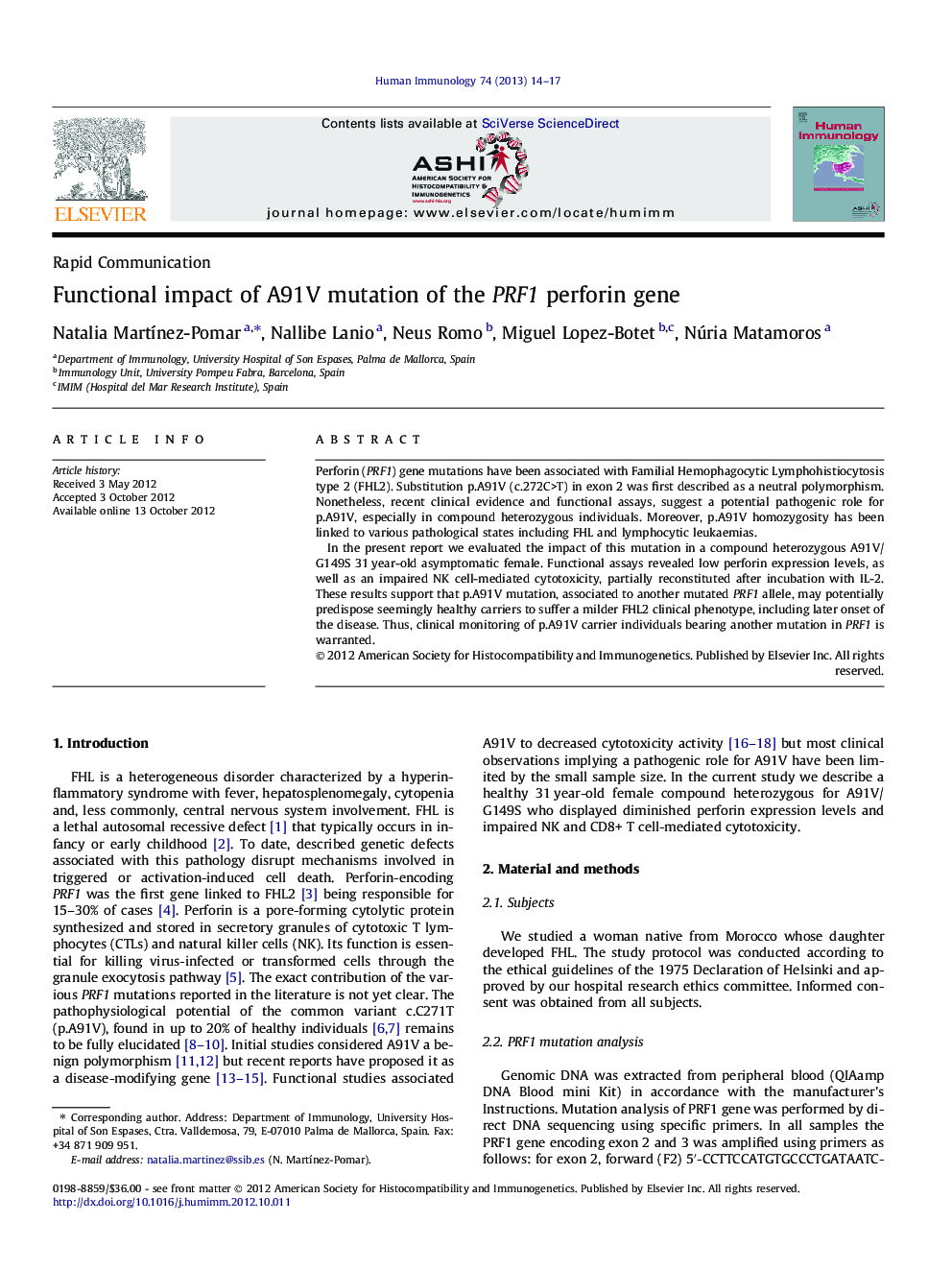 Functional impact of A91V mutation of the PRF1 perforin gene
