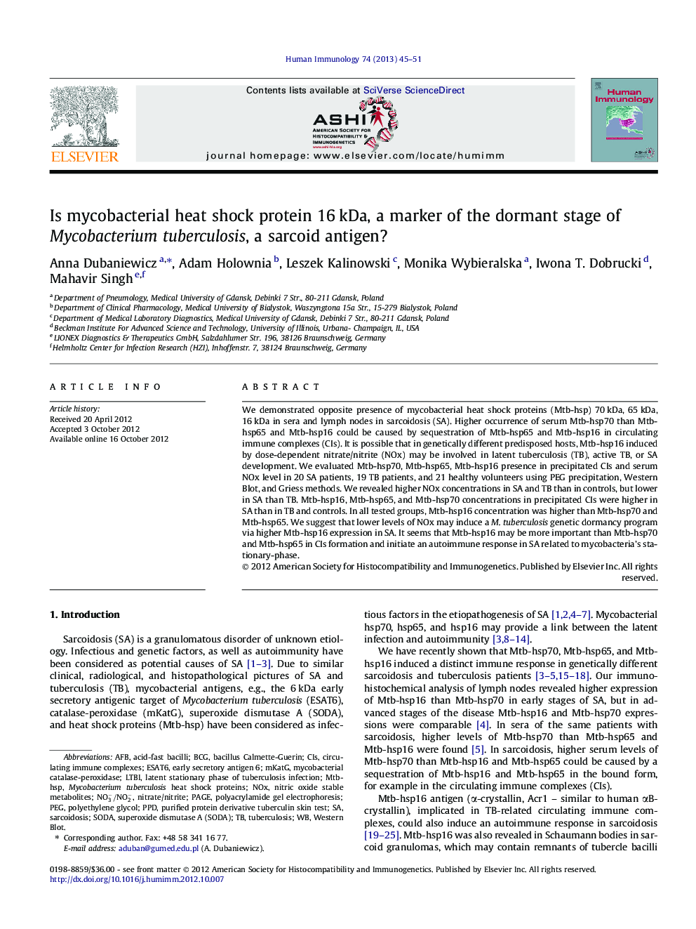 Is mycobacterial heat shock protein 16 kDa, a marker of the dormant stage of Mycobacterium tuberculosis, a sarcoid antigen?