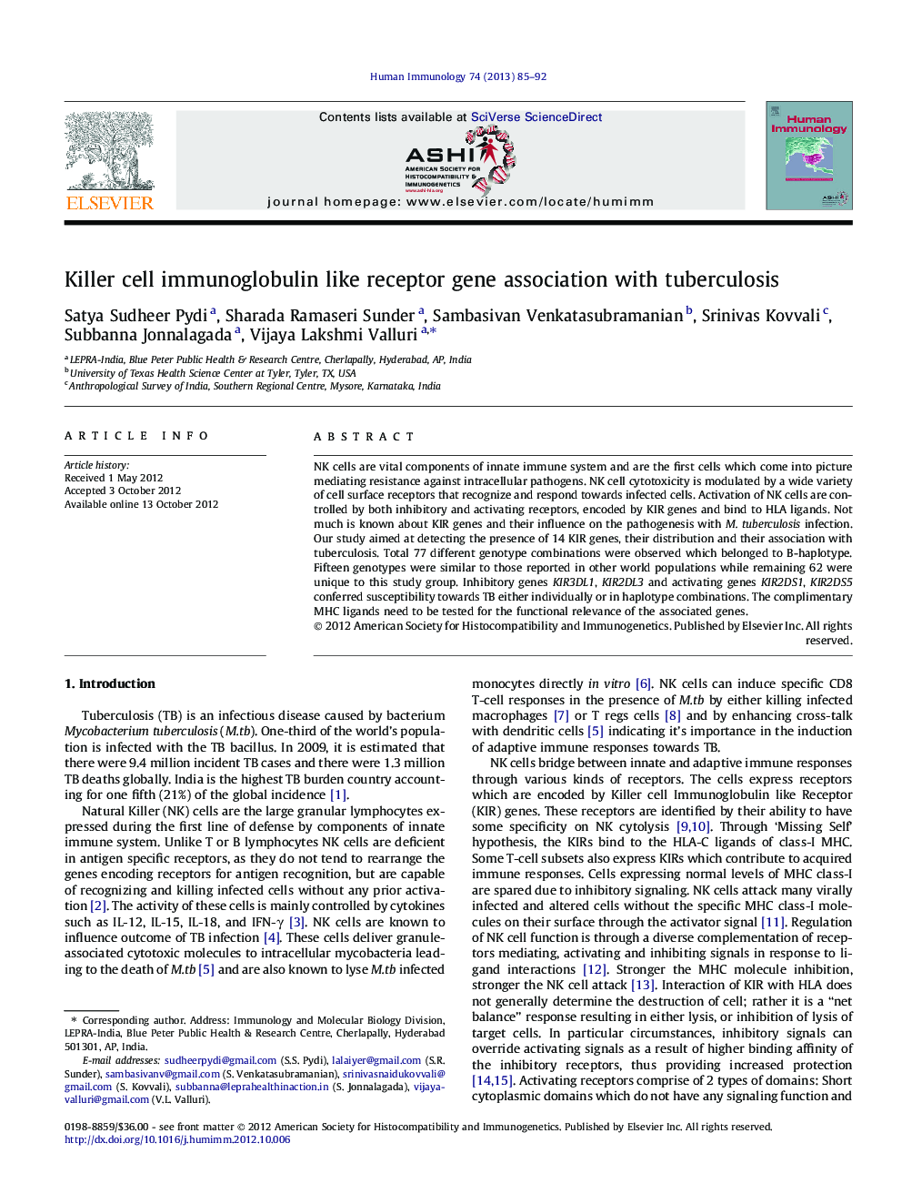 Killer cell immunoglobulin like receptor gene association with tuberculosis