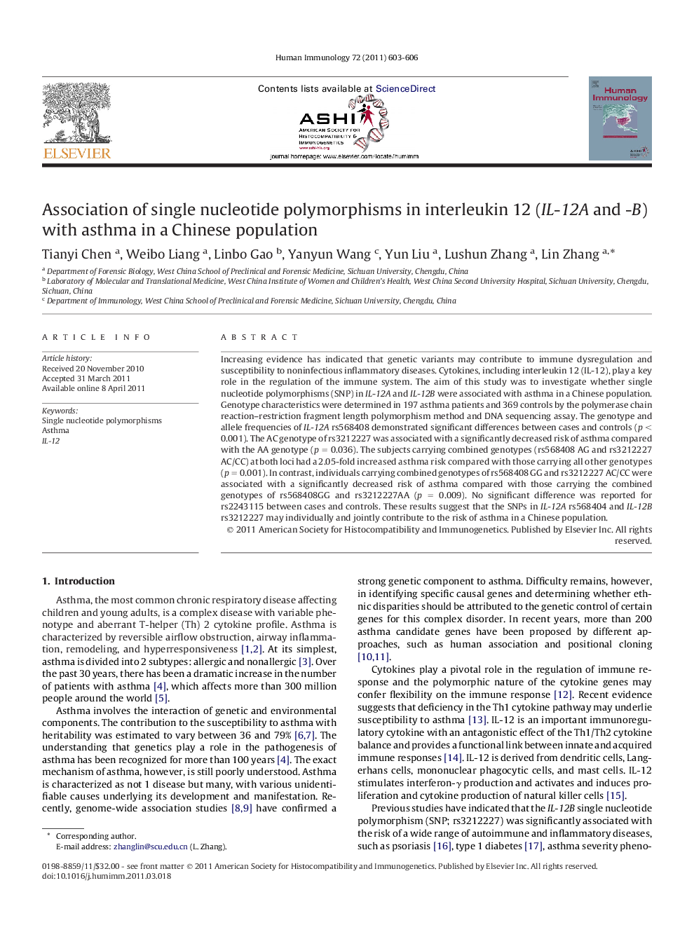 Association of single nucleotide polymorphisms in interleukin 12 (IL-12A and -B) with asthma in a Chinese population