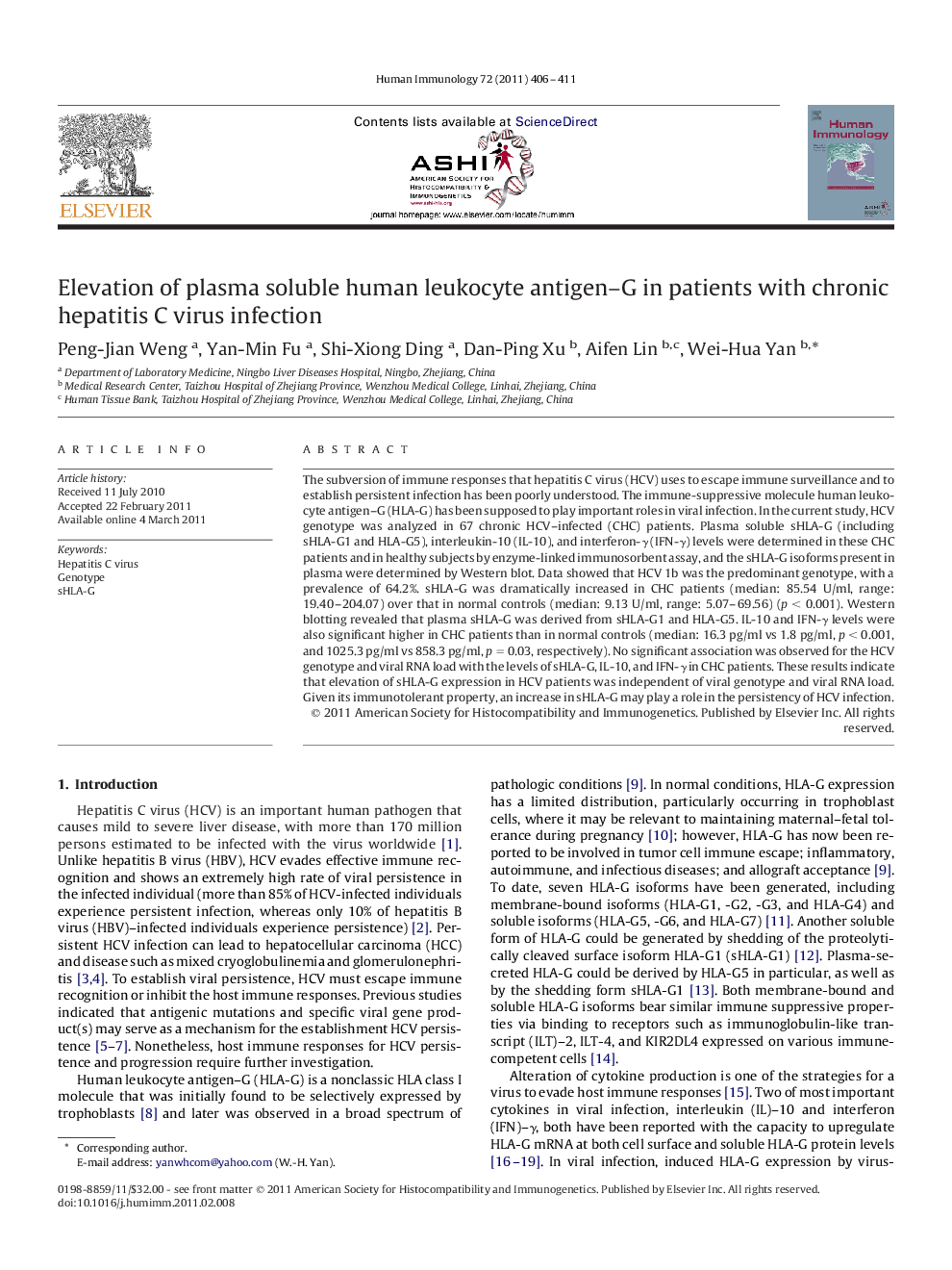 Elevation of plasma soluble human leukocyte antigen–G in patients with chronic hepatitis C virus infection