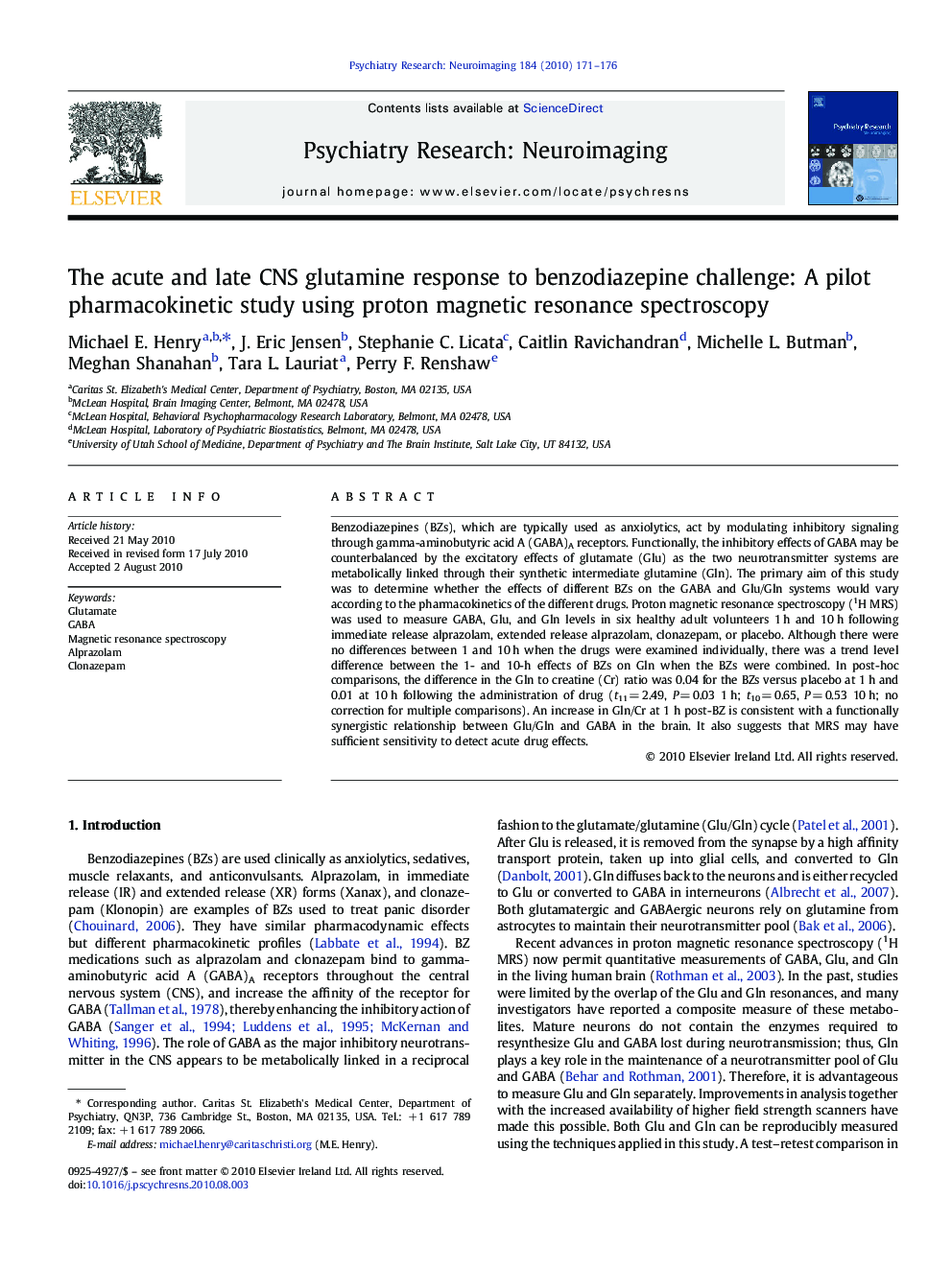 The acute and late CNS glutamine response to benzodiazepine challenge: A pilot pharmacokinetic study using proton magnetic resonance spectroscopy