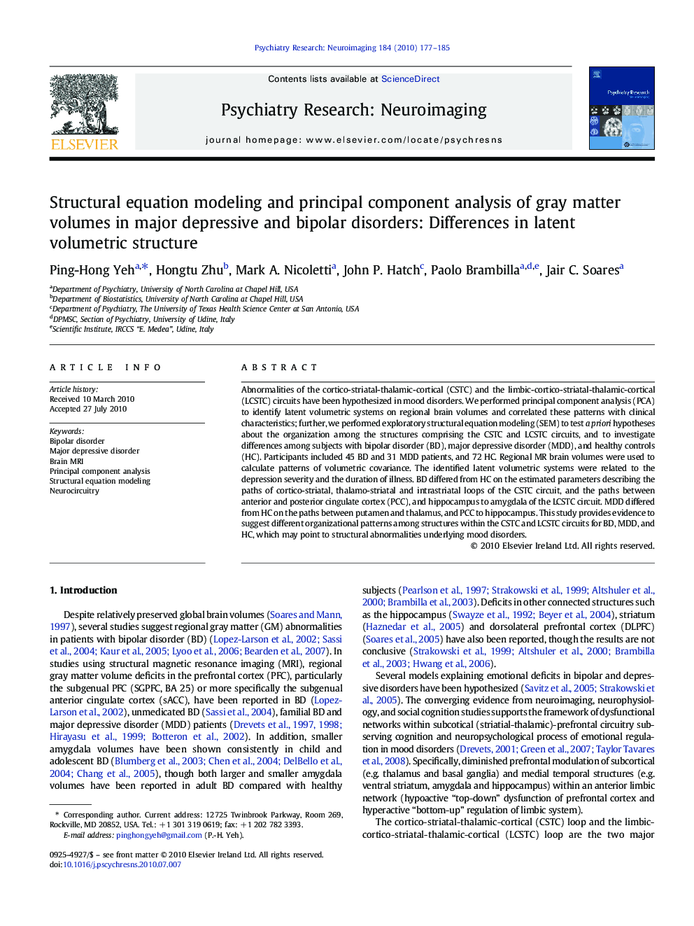 Structural equation modeling and principal component analysis of gray matter volumes in major depressive and bipolar disorders: Differences in latent volumetric structure