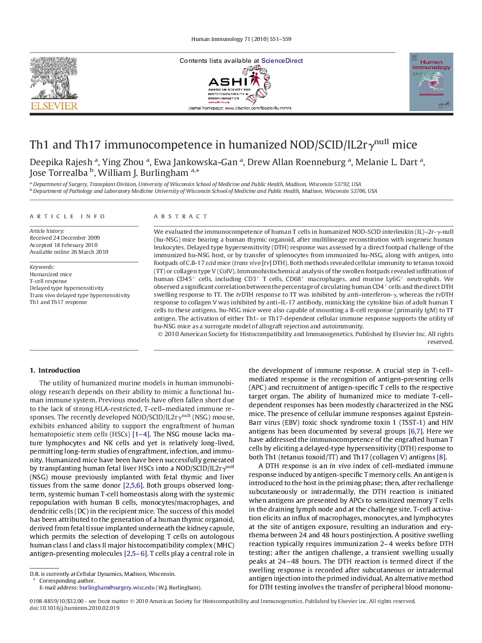 Th1 and Th17 immunocompetence in humanized NOD/SCID/IL2rγnull mice 