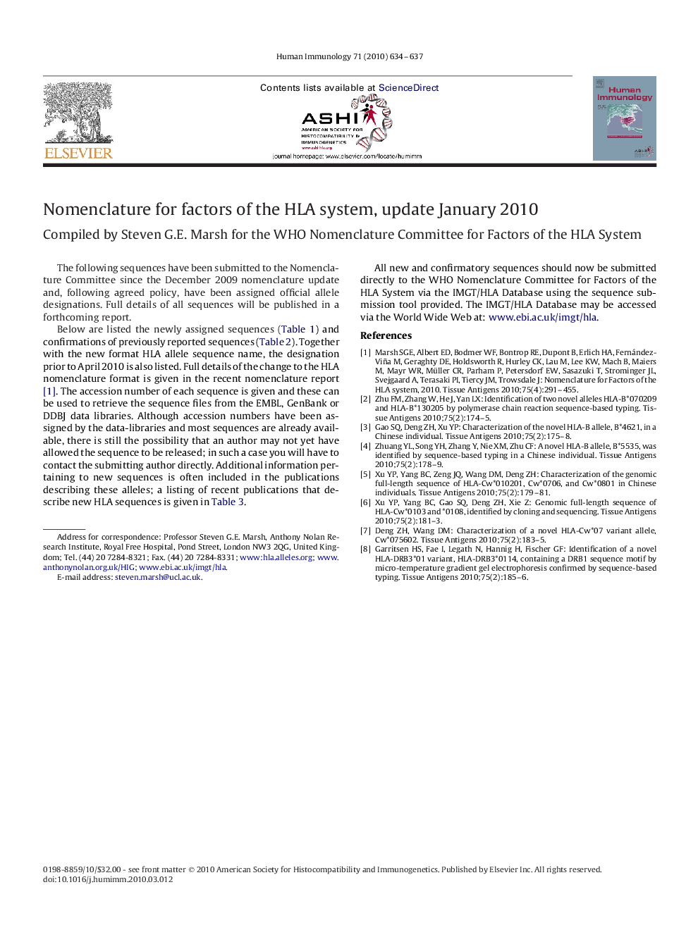 Nomenclature for factors of the HLA system, update January 2010