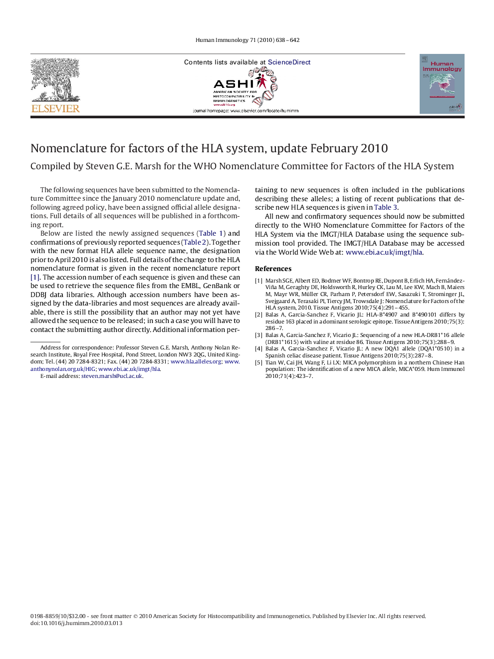 Nomenclature for factors of the HLA system, update February 2010