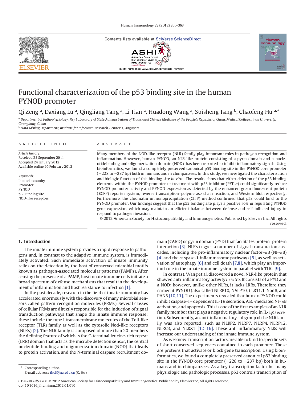 Functional characterization of the p53 binding site in the human PYNOD promoter