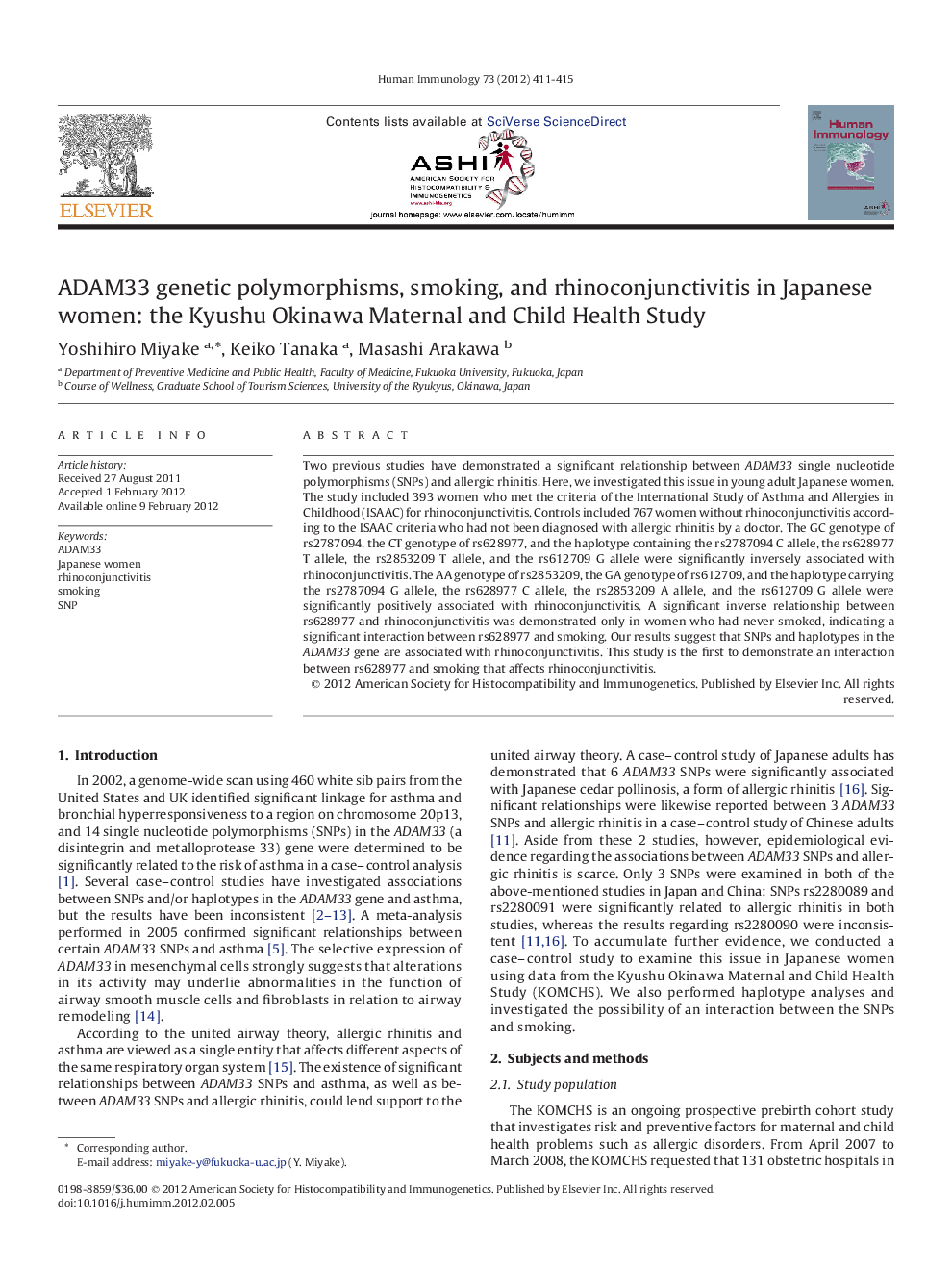 ADAM33 genetic polymorphisms, smoking, and rhinoconjunctivitis in Japanese women: the Kyushu Okinawa Maternal and Child Health Study