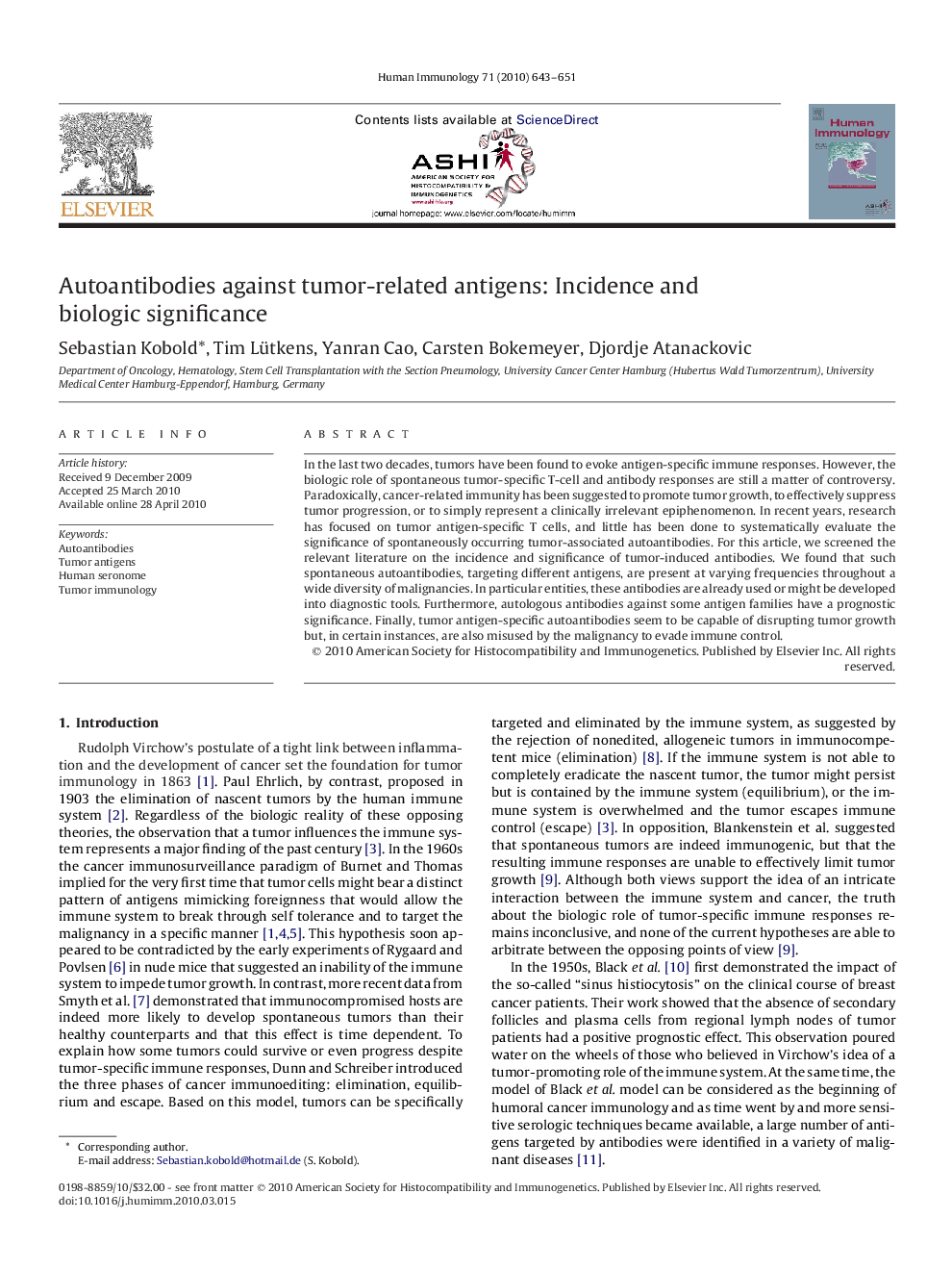 Autoantibodies against tumor-related antigens: Incidence and biologic significance