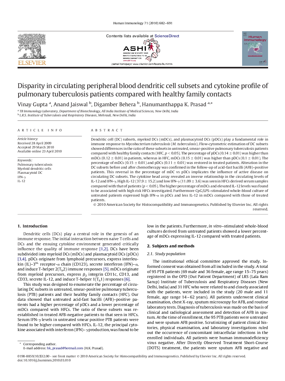 Disparity in circulating peripheral blood dendritic cell subsets and cytokine profile of pulmonary tuberculosis patients compared with healthy family contacts