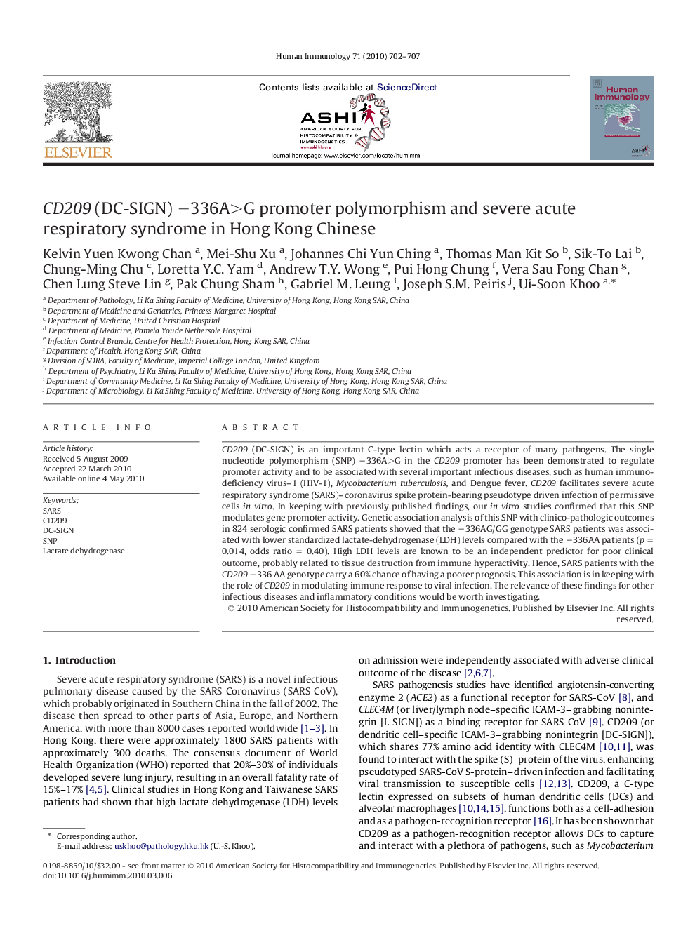 CD209 (DC-SIGN) −336A>G promoter polymorphism and severe acute respiratory syndrome in Hong Kong Chinese