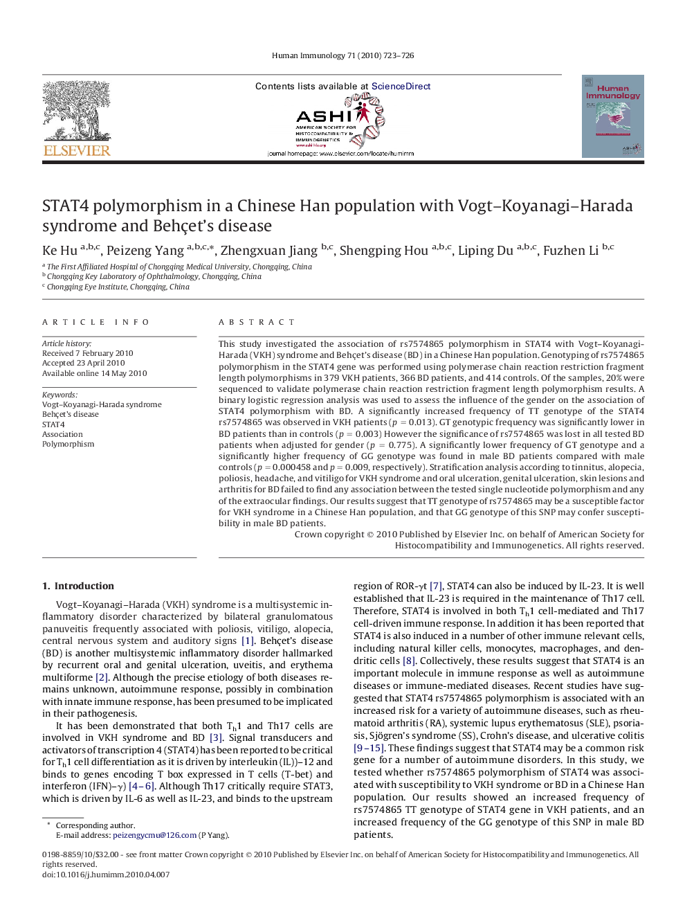 STAT4 polymorphism in a Chinese Han population with Vogt–Koyanagi–Harada syndrome and Behçet's disease