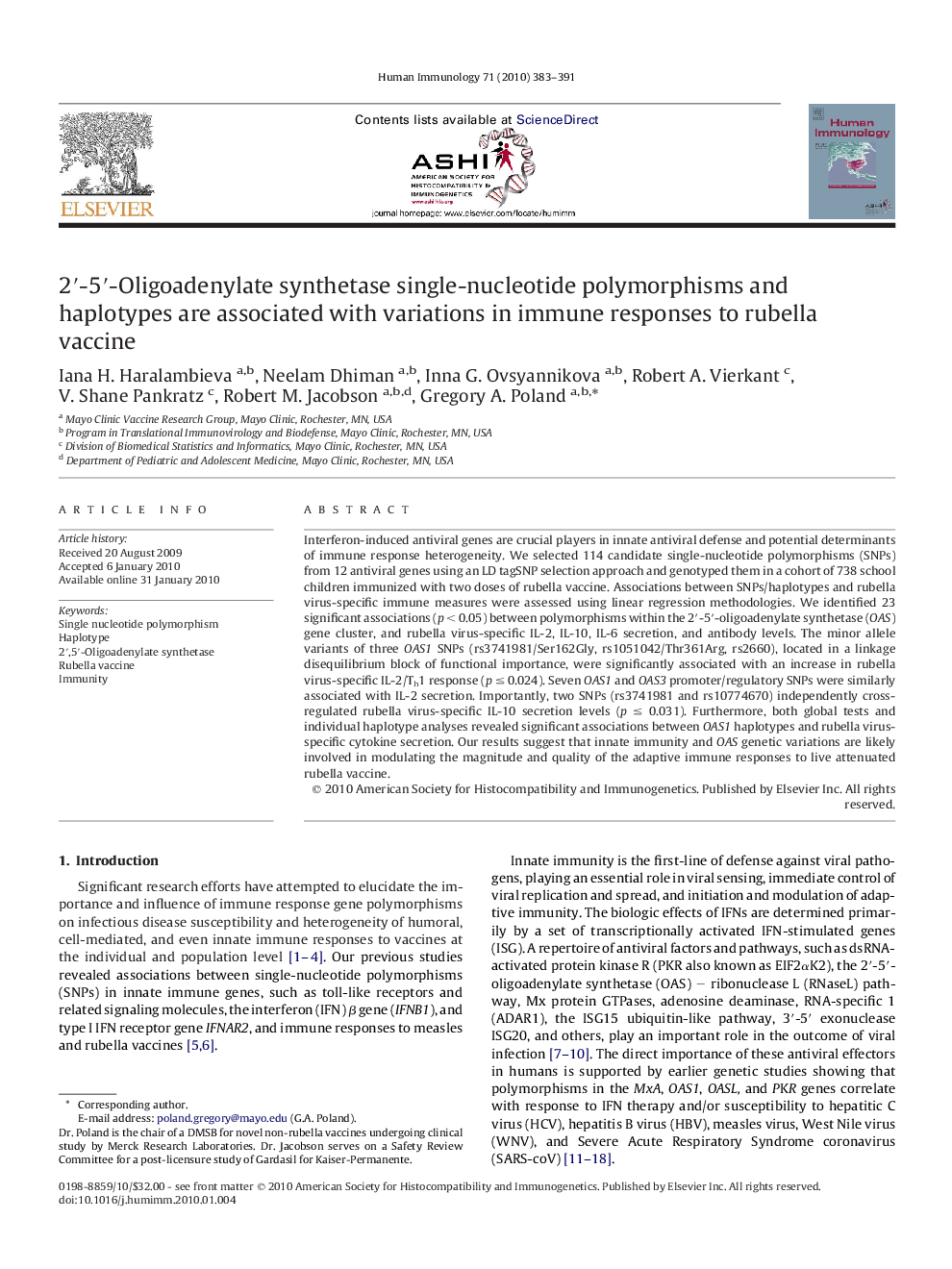 2′-5′-Oligoadenylate synthetase single-nucleotide polymorphisms and haplotypes are associated with variations in immune responses to rubella vaccine 