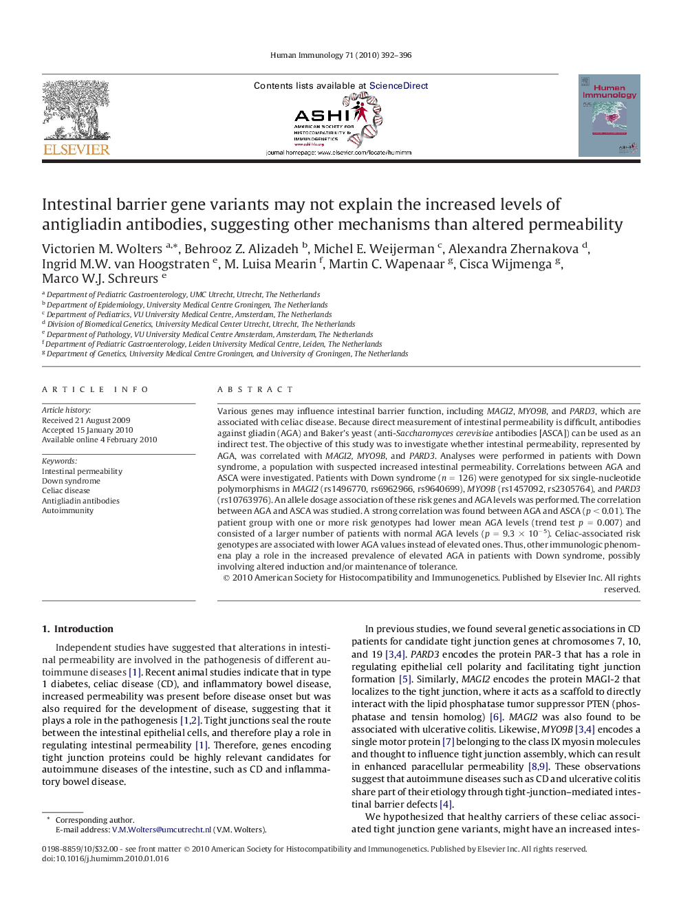 Intestinal barrier gene variants may not explain the increased levels of antigliadin antibodies, suggesting other mechanisms than altered permeability