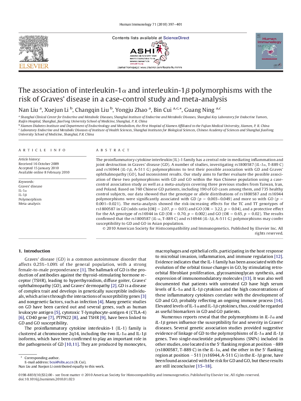 عکس صفحه اول مقاله: The association of interleukin-1α and interleukin-1β polymorphisms with the risk of Graves' disease in a case-control study and meta-analysis The association of interleukin-1α and interleukin-1β polymorphisms with the risk of Graves' disease in a case-control study and meta-analysis