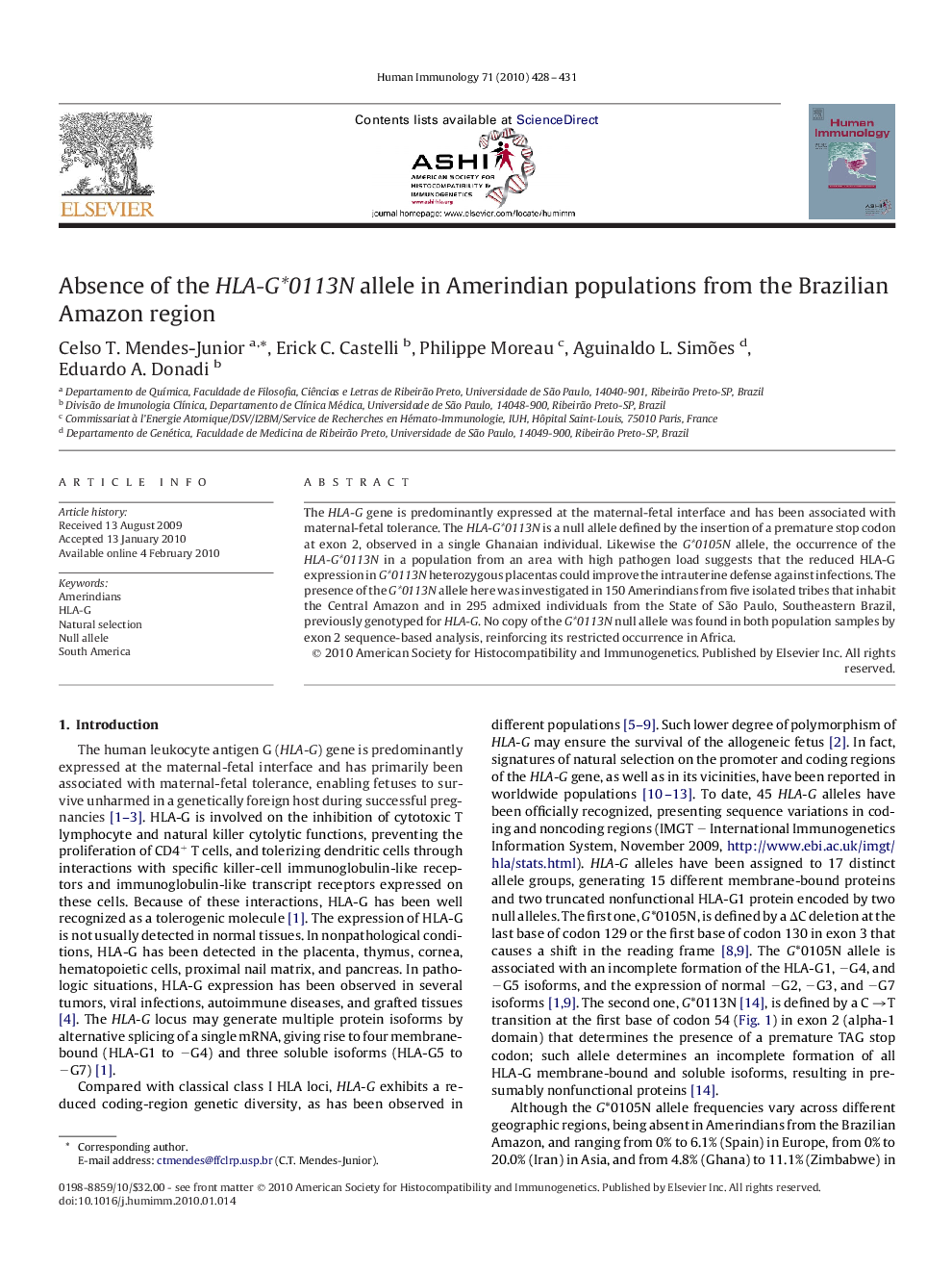 Absence of the HLA-G*0113N allele in Amerindian populations from the Brazilian Amazon region