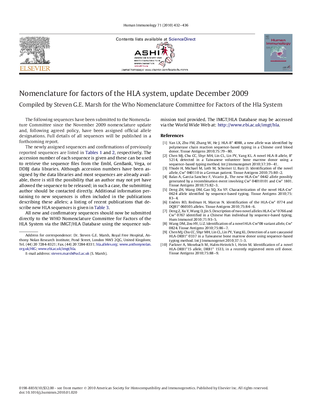 Nomenclature for factors of the HLA system, update December 2009