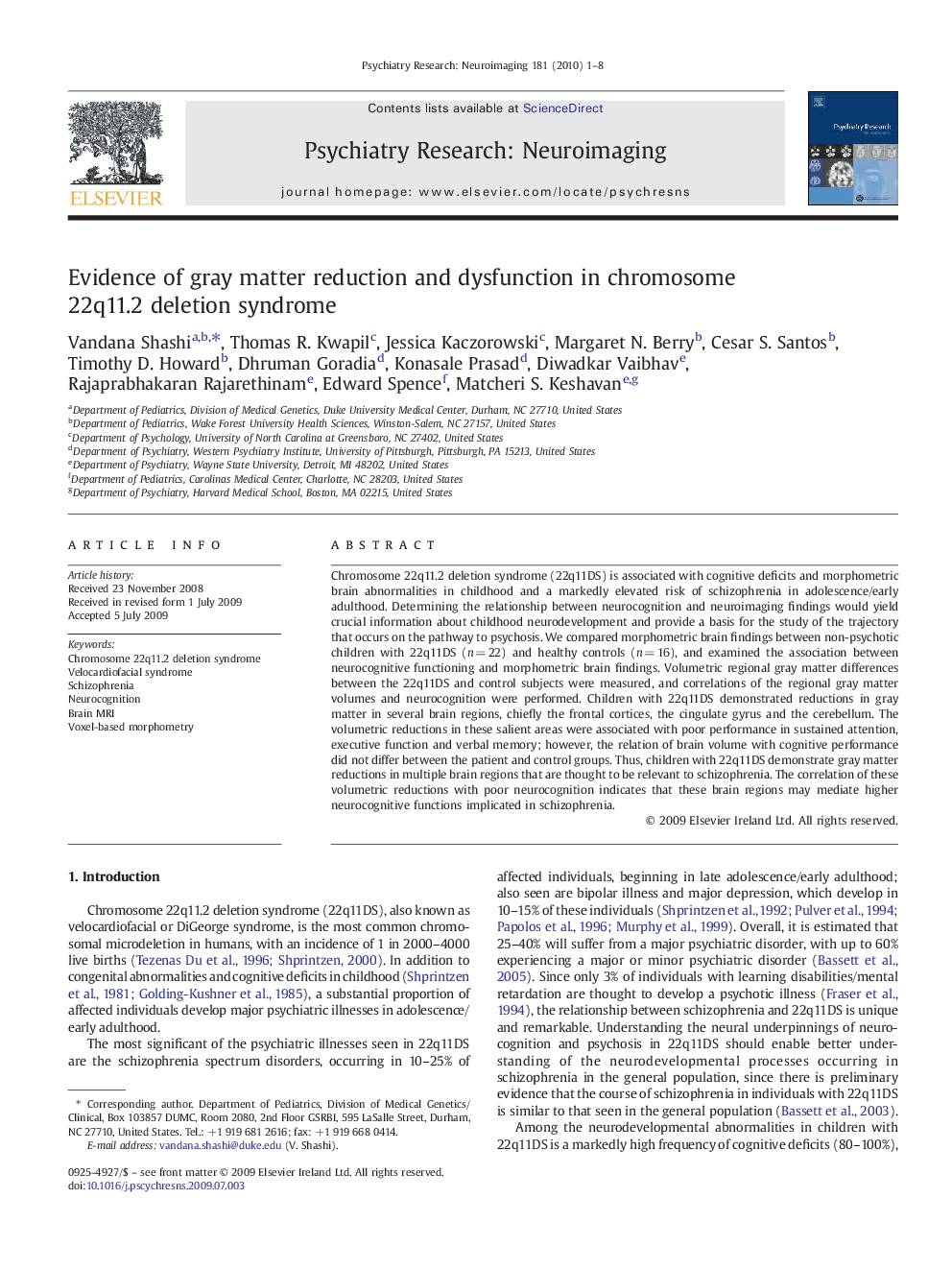 Evidence of gray matter reduction and dysfunction in chromosome 22q11.2 deletion syndrome